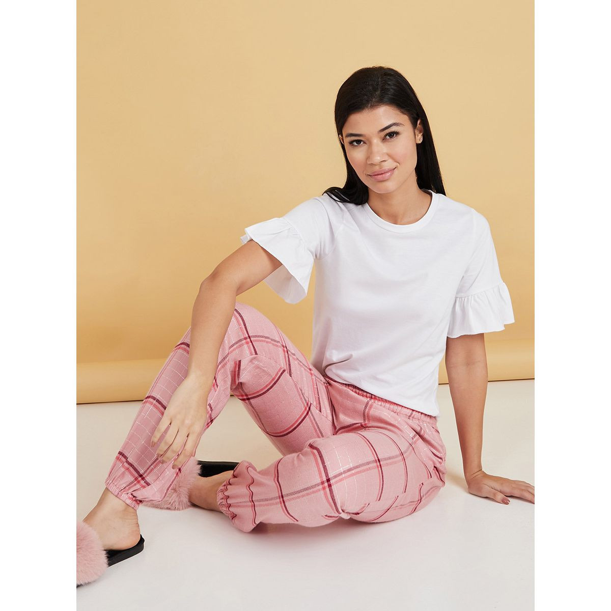 Styli Ruffle Sleeves T-shirt and Checked Cuffed Pyjama Set-women-clothing-nightwear-pyjamas-longsets-image-1