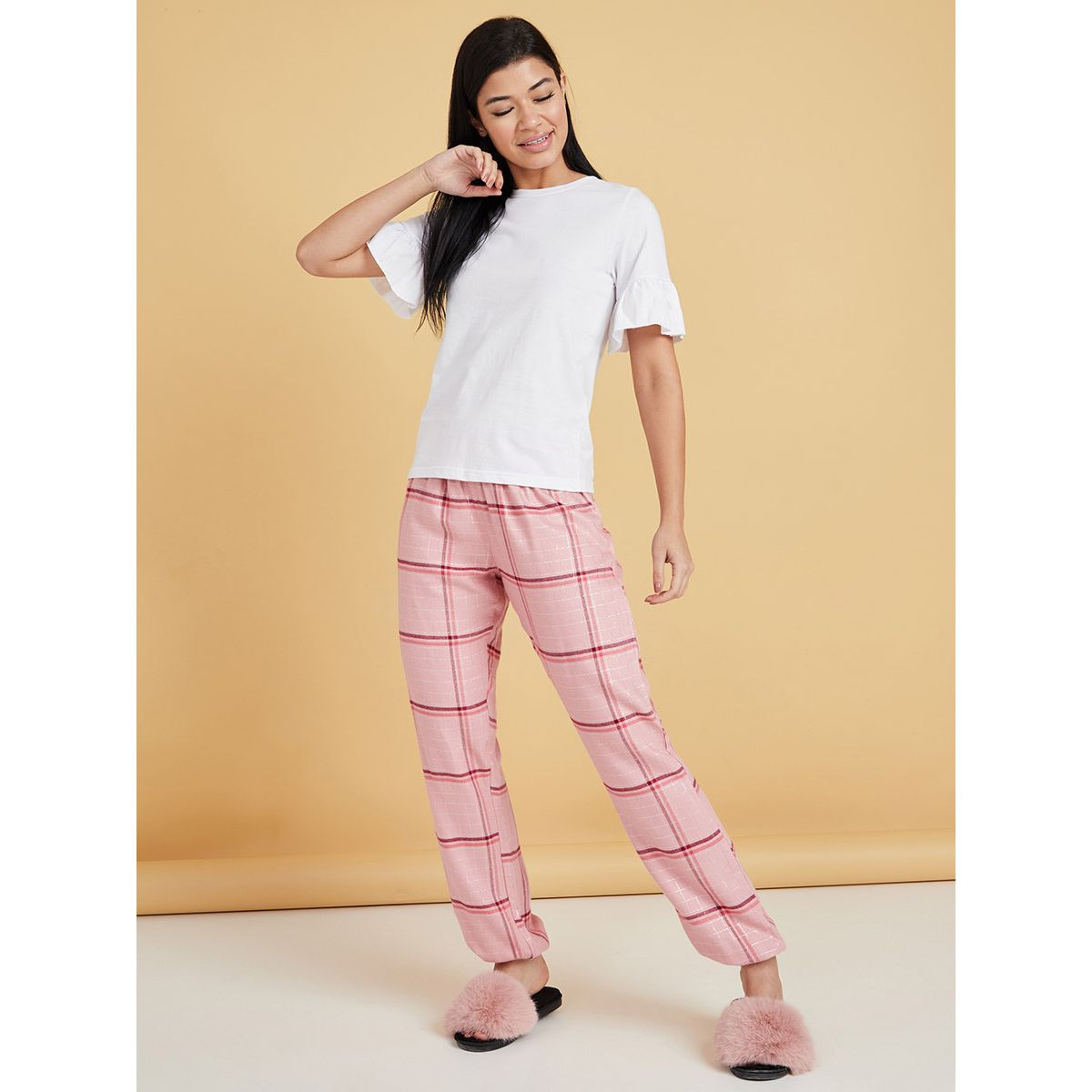 Styli Ruffle Sleeves T-shirt and Checked Cuffed Pyjama Set-women-clothing-nightwear-pyjamas-longsets-image-2