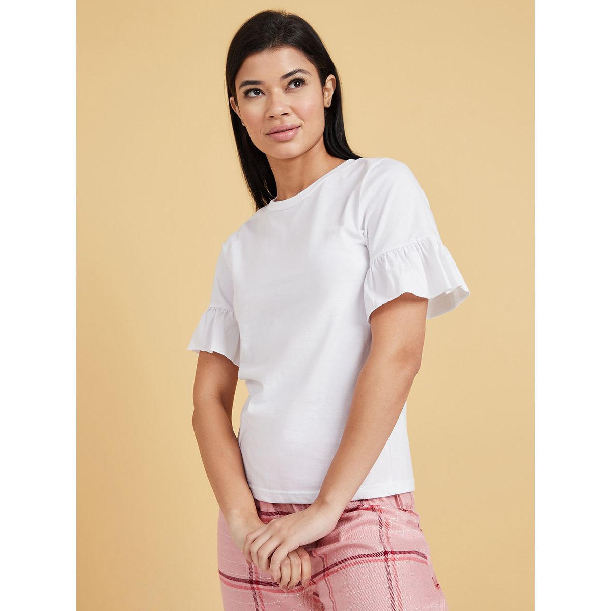 Styli Ruffle Sleeves T-shirt and Checked Cuffed Pyjama Set-women-clothing-nightwear-pyjamas-longsets-image-3