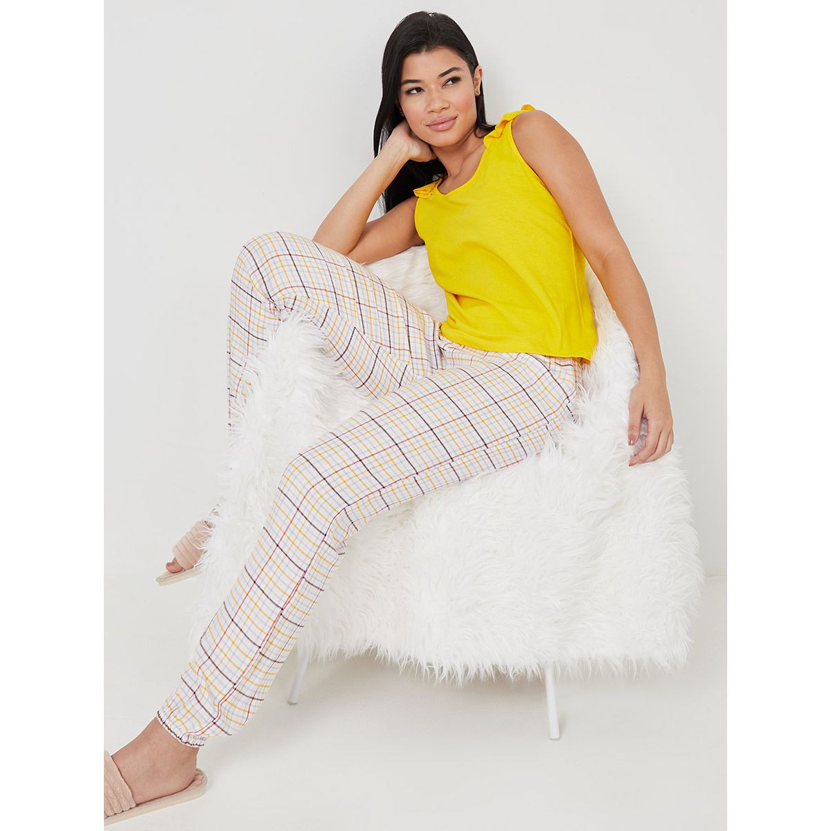 Styli Solid Ruffle Shoulder Detail Vest and Checked Pyjama Set-women-clothing-nightwear-pyjamas-longsets-image-1