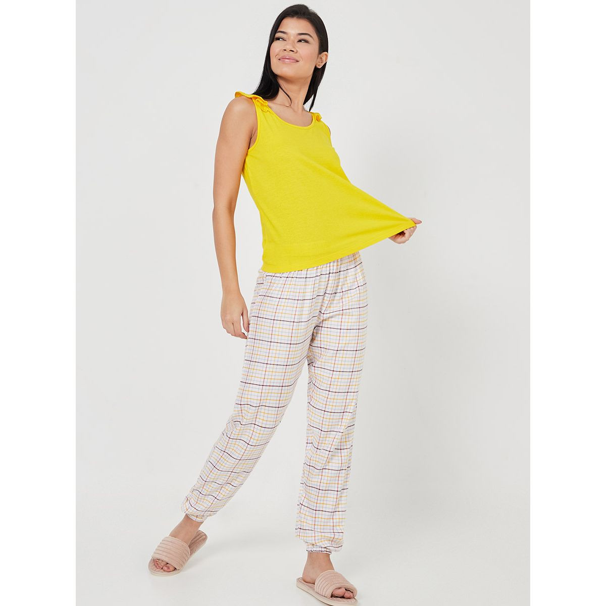 Styli Solid Ruffle Shoulder Detail Vest and Checked Pyjama Set-women-clothing-nightwear-pyjamas-longsets-image-2