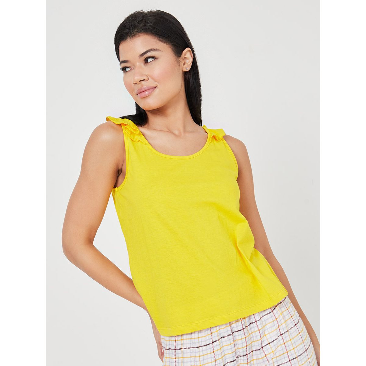 Styli Solid Ruffle Shoulder Detail Vest and Checked Pyjama Set-women-clothing-nightwear-pyjamas-longsets-image-3
