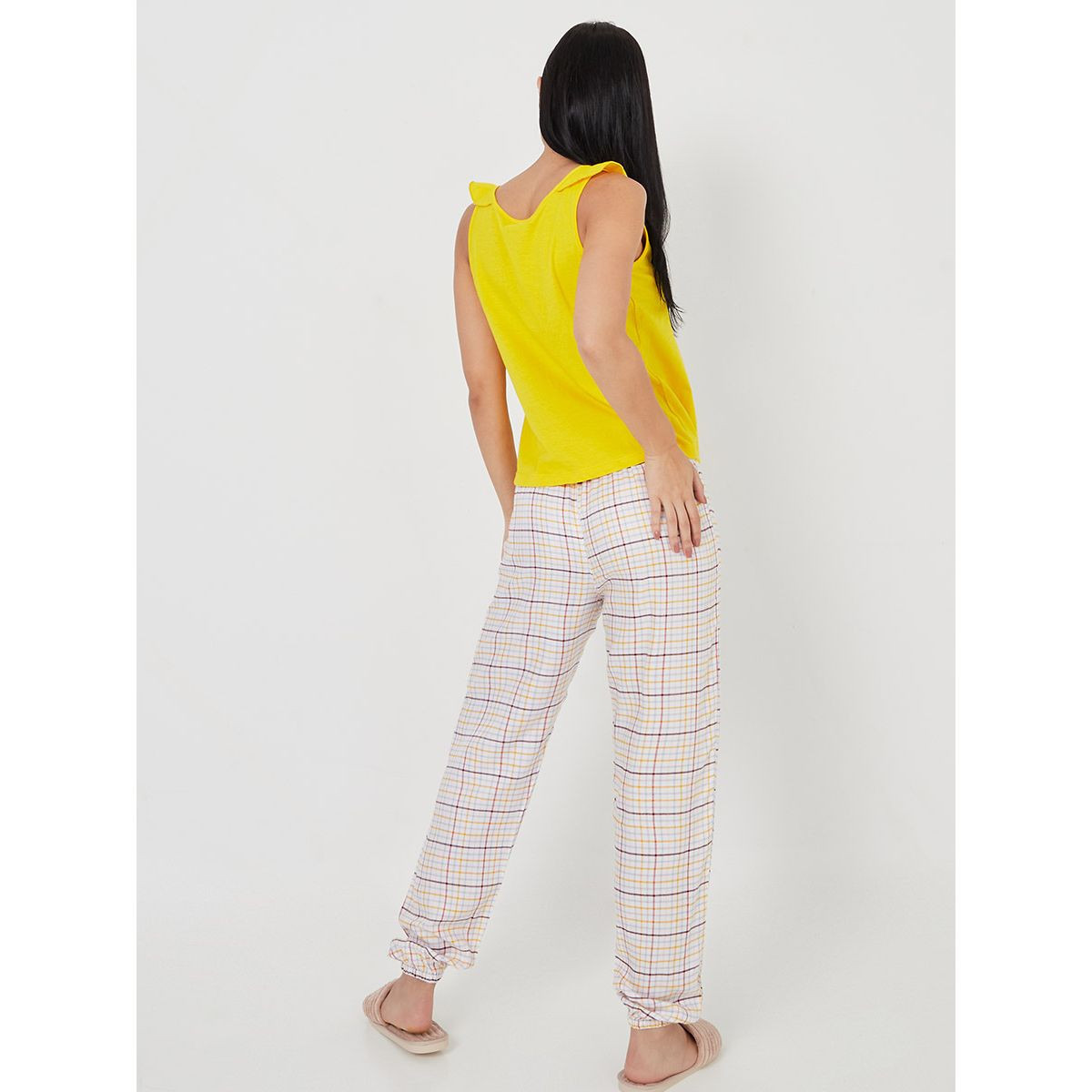 Styli Solid Ruffle Shoulder Detail Vest and Checked Pyjama Set-women-clothing-nightwear-pyjamas-longsets-image-5