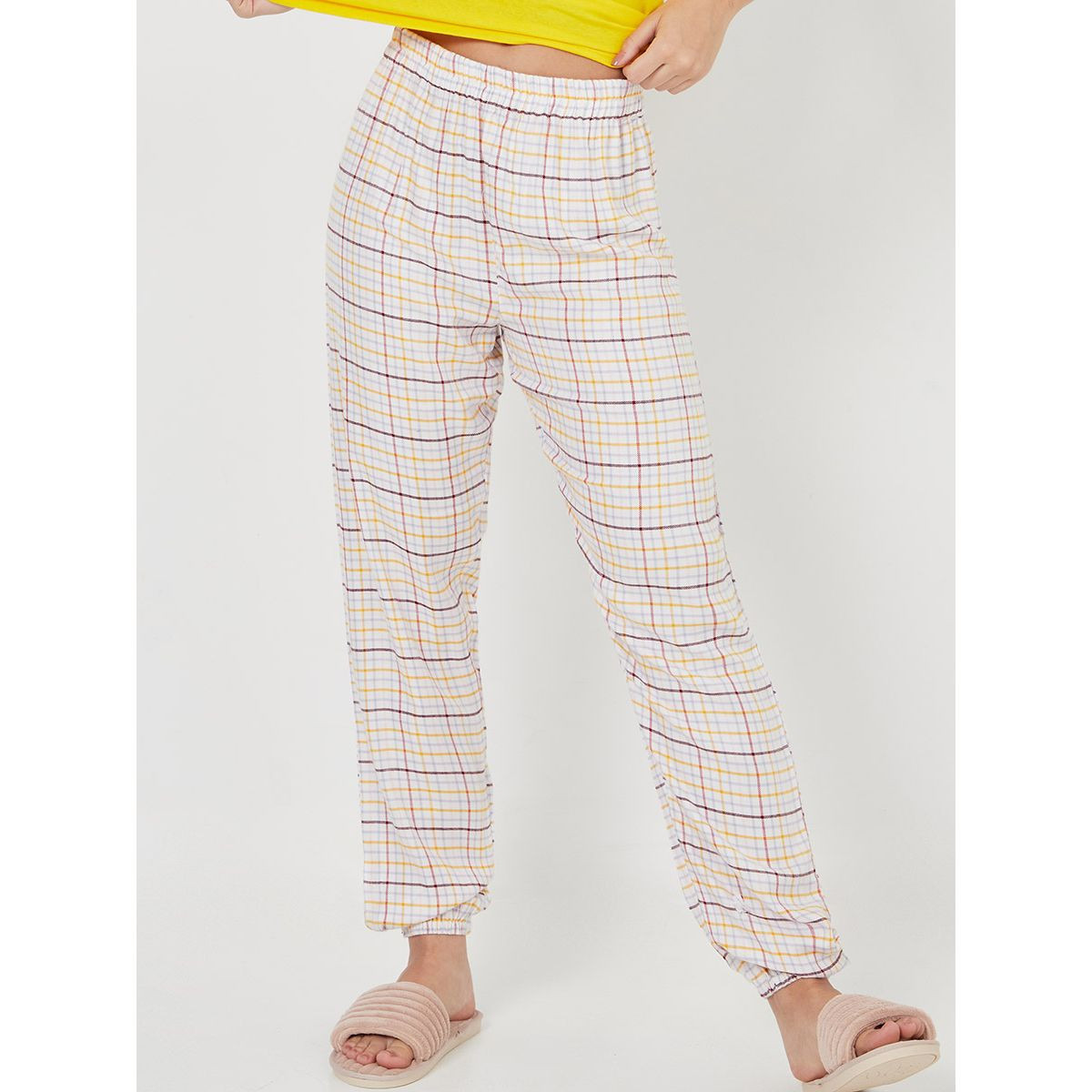 Styli Solid Ruffle Shoulder Detail Vest and Checked Pyjama Set-women-clothing-nightwear-pyjamas-longsets-image-6