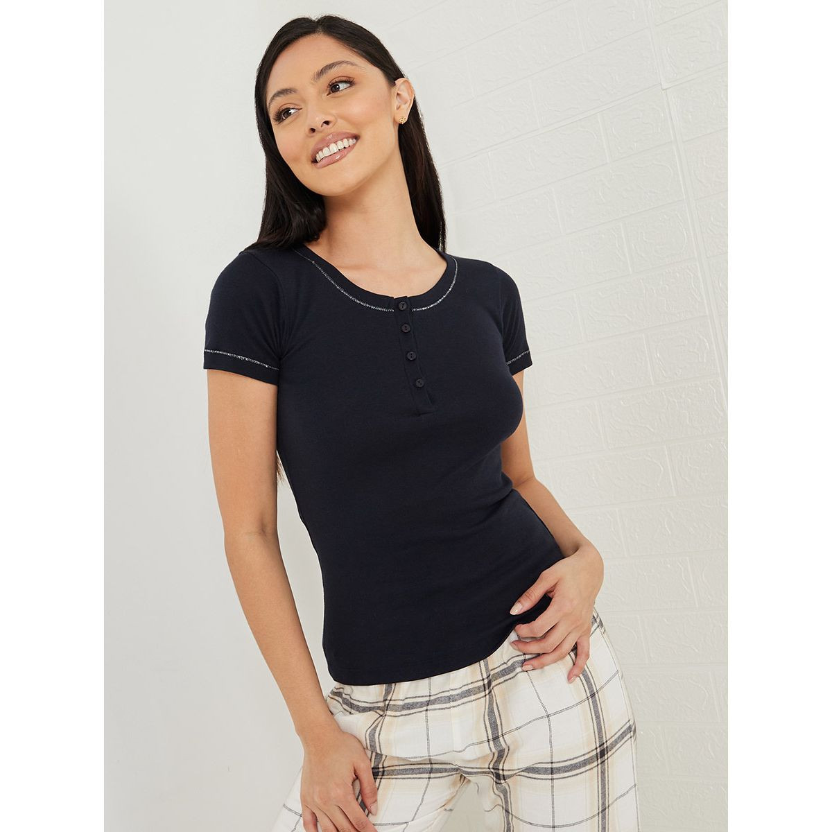 Styli Solid Placket T-shirt and Checked Straight Leg Pyjama Set-women-clothing-nightwear-pyjamas-longsets-image-3