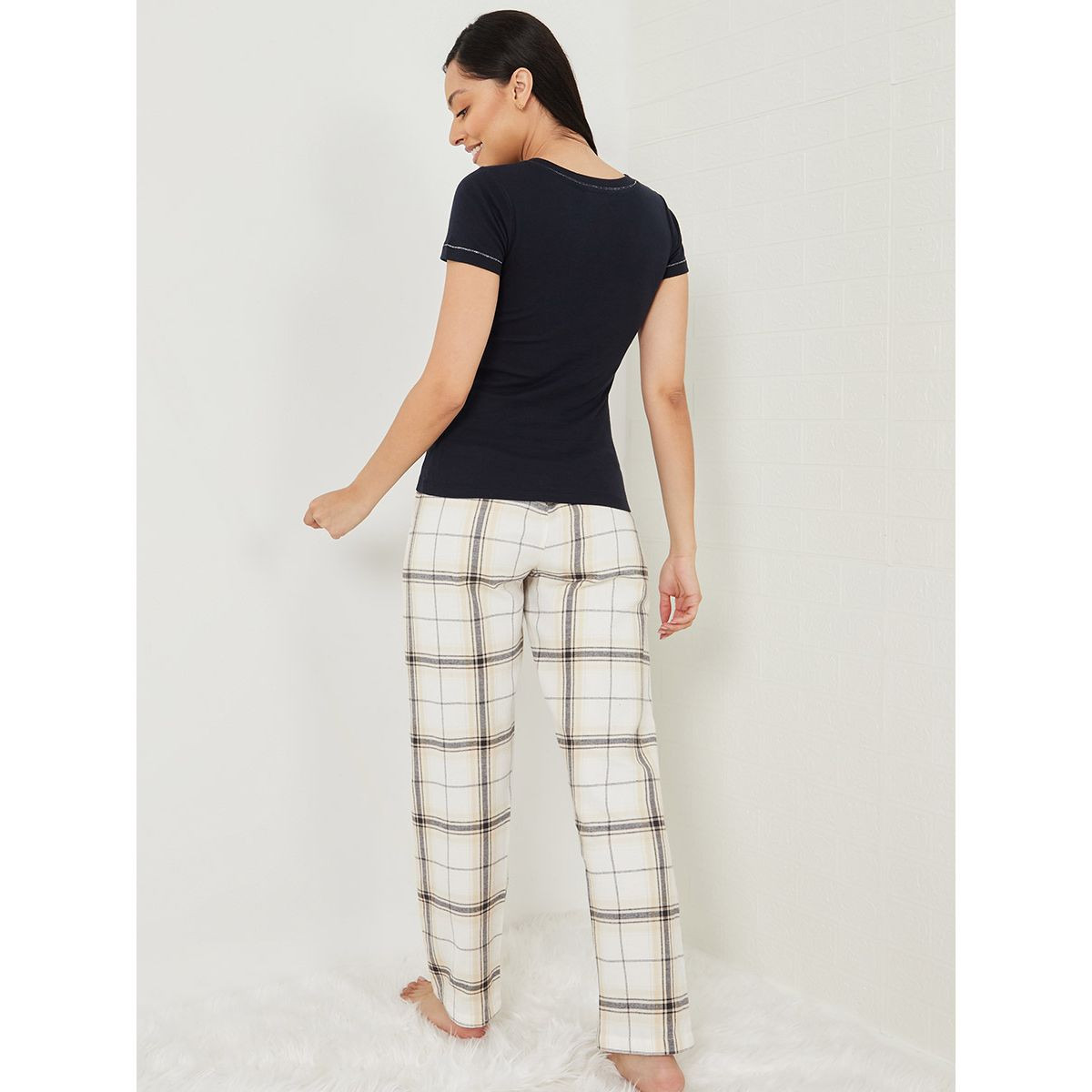 Styli Solid Placket T-shirt and Checked Straight Leg Pyjama Set-women-clothing-nightwear-pyjamas-longsets-image-5