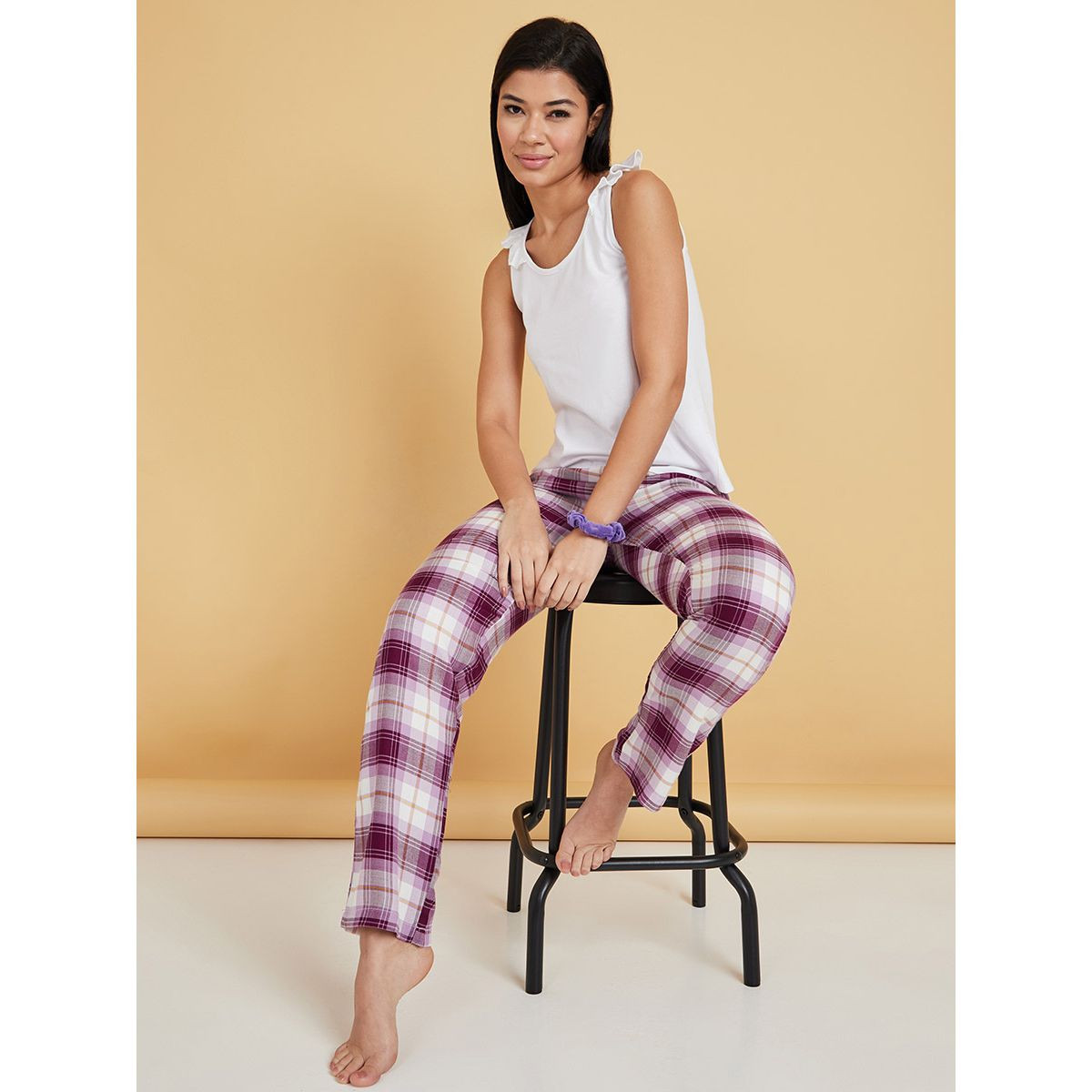 Styli Solid Ruffle Shoulder Detail Vest and Checked Pyjama Set-women-clothing-nightwear-pyjamas-longsets-image-1