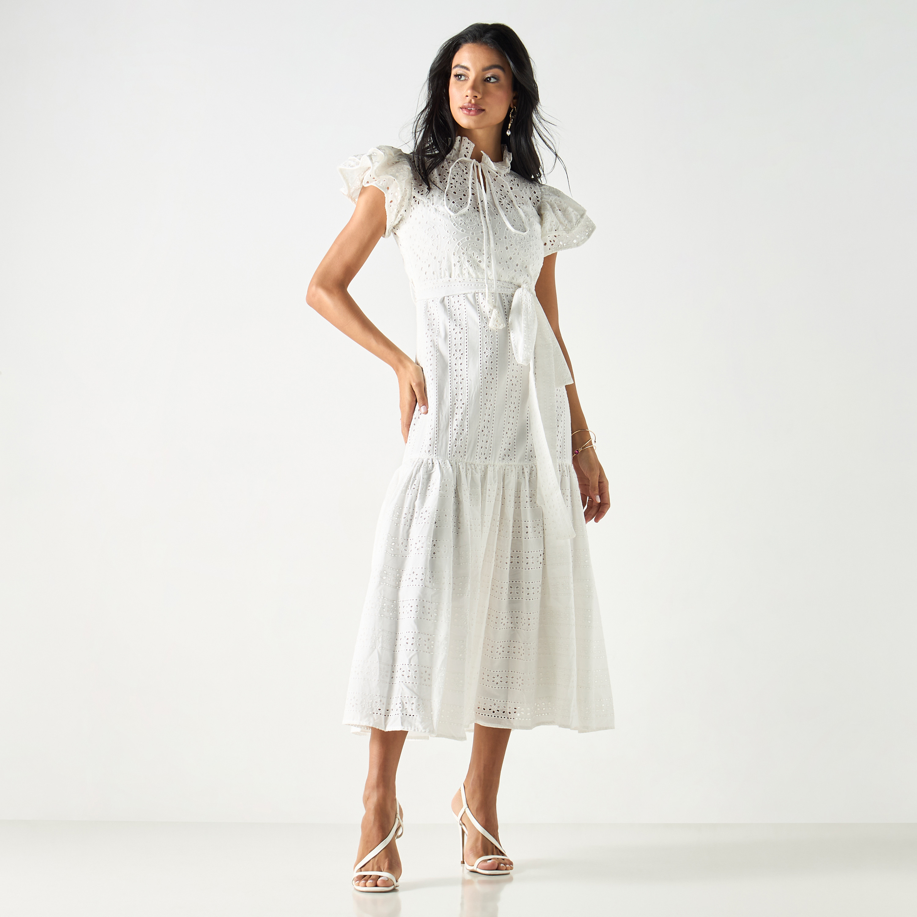 فستان شيفلي بارز الملمس بكشكش ورباط-women-clothing-dresses-image-1