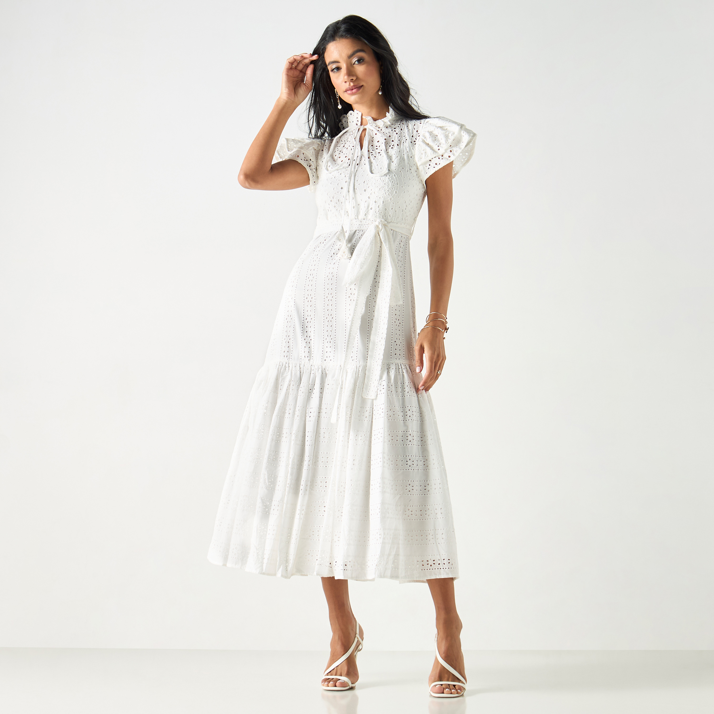 فستان شيفلي بارز الملمس بكشكش ورباط-women-clothing-dresses-image-2