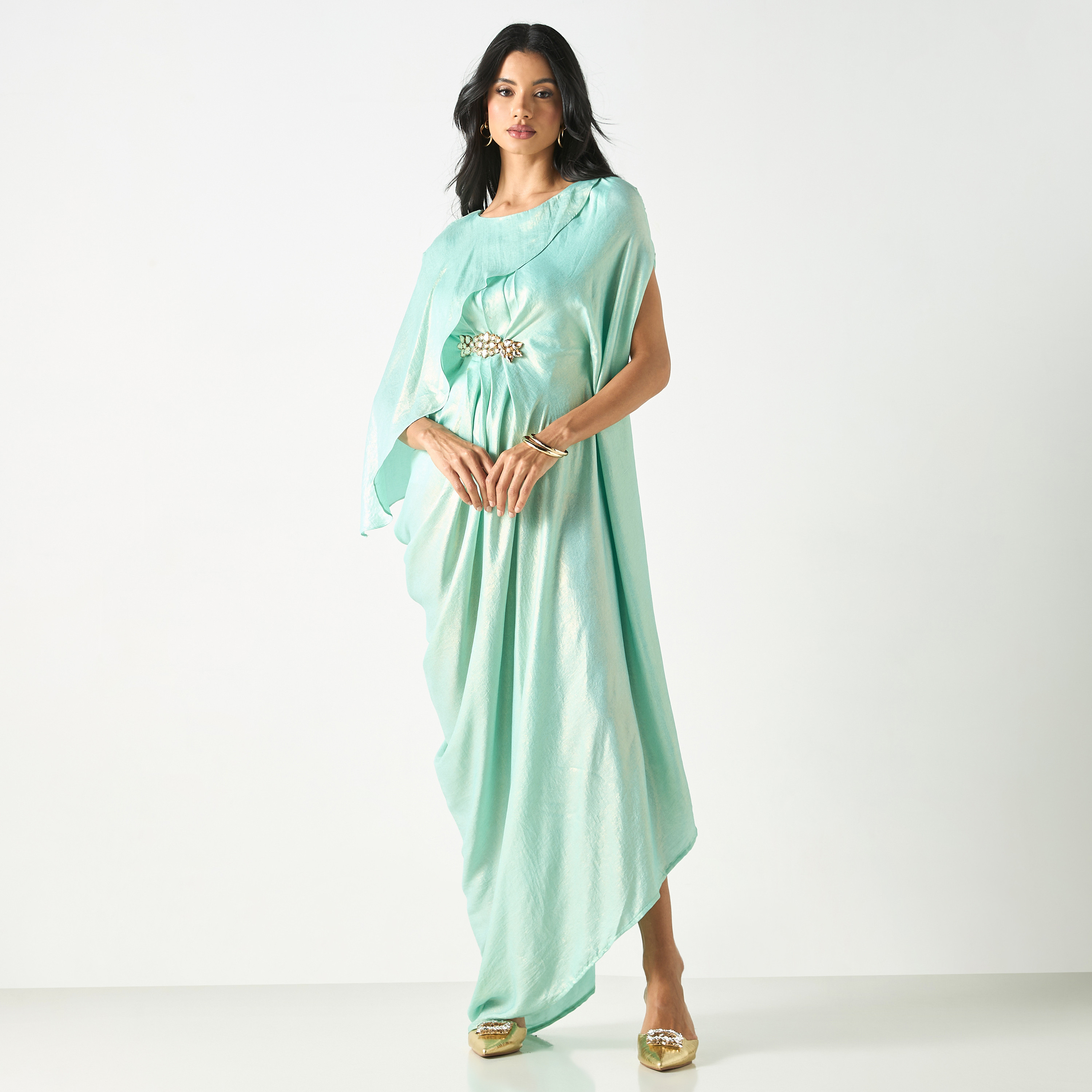 Golden Apple Draped Dress with Embellished Trim-women-clothing-dresses-image-2