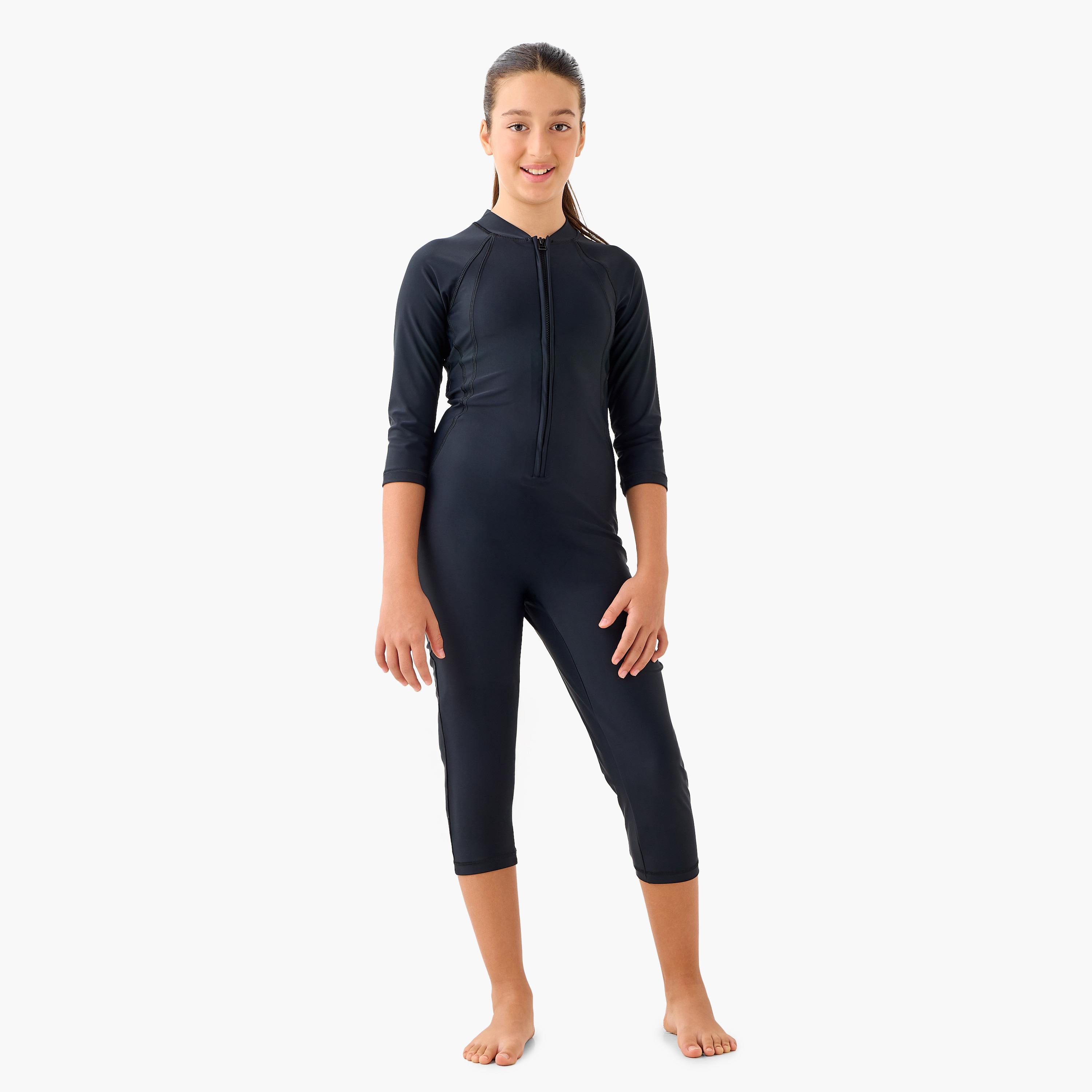  سليم كيني ذو شبابي مع 3/4 طول من كويغا للبنات بلون أسود-sports-girls-clothing-swimwear-image-1