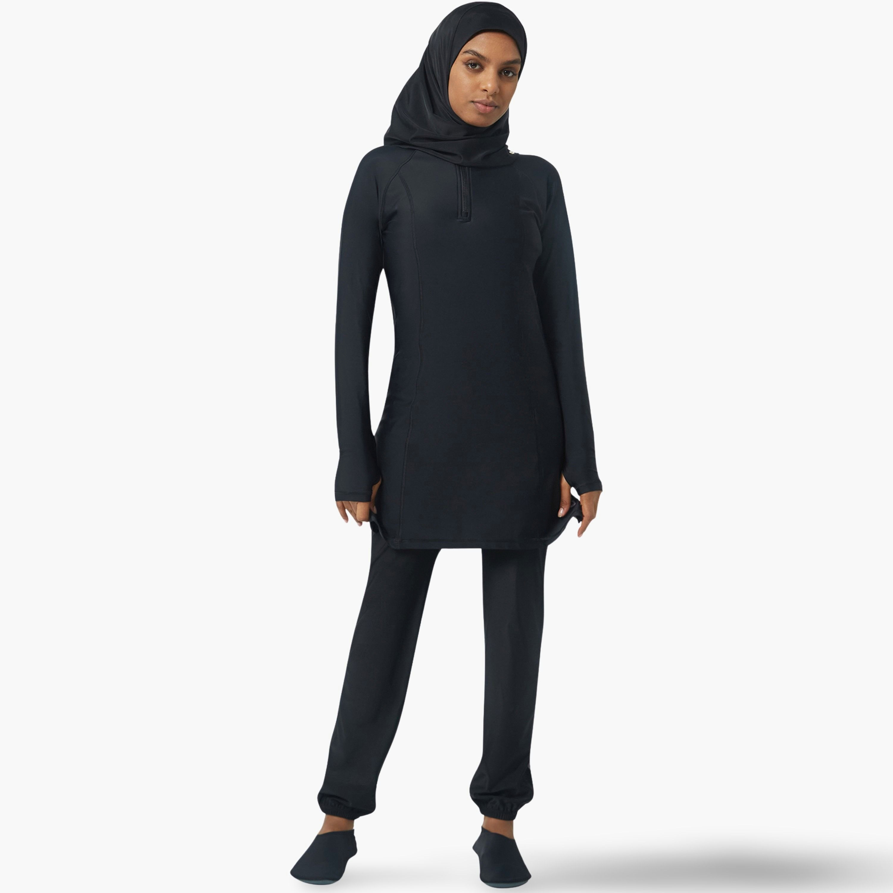 طقم سباحة سيدات من كويغا بثلاث قطع محتشمة مع سحاب – أسود صلب-women-clothing-swimandbeach-swimsuits-image-1