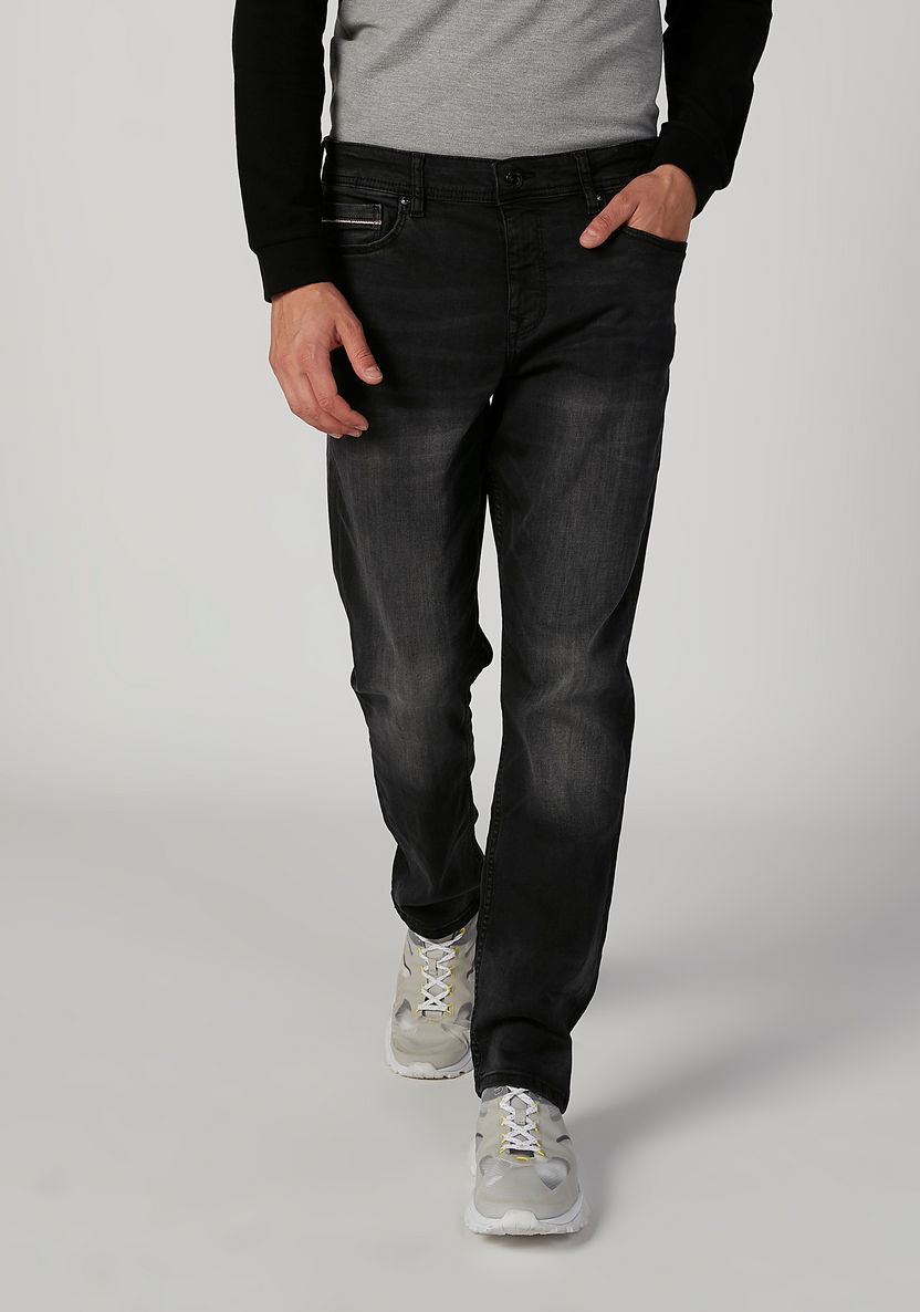 Slim Fit Plain Mid Waist Jeans with Pocket Detail-Jeans-image-0