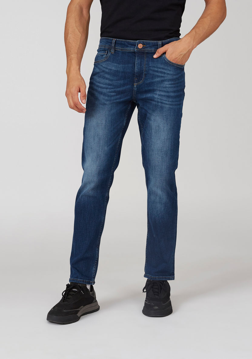 Slim Fit Plain Mid Waist Jeans with Pocket Detail-Jeans-image-0