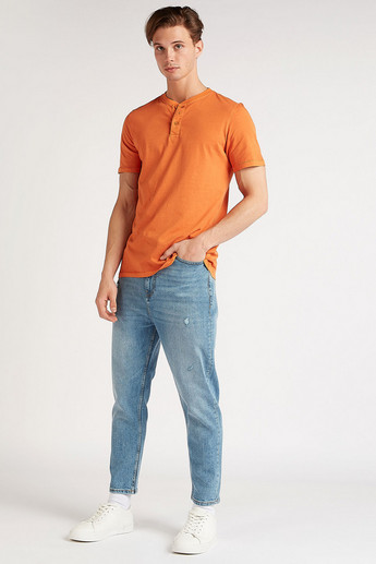 Sustainable Lee Cooper Solid Henley Neck T-shirt with Short Sleeves