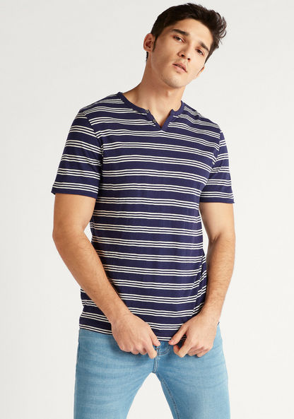 Lee Cooper Striped T-shirt with Henley Neck and Short Sleeves