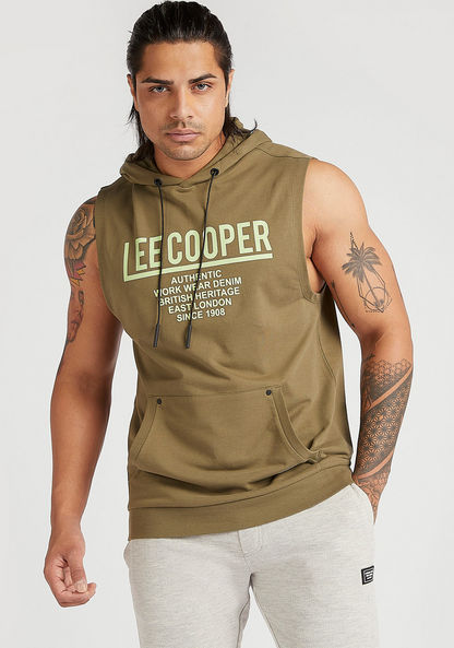 Lee Cooper Text Print Sleeveless Hoodie with Kangaroo Pocket