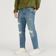 Lee Cooper Ripped Denim Jeans with Pockets and Button Closure