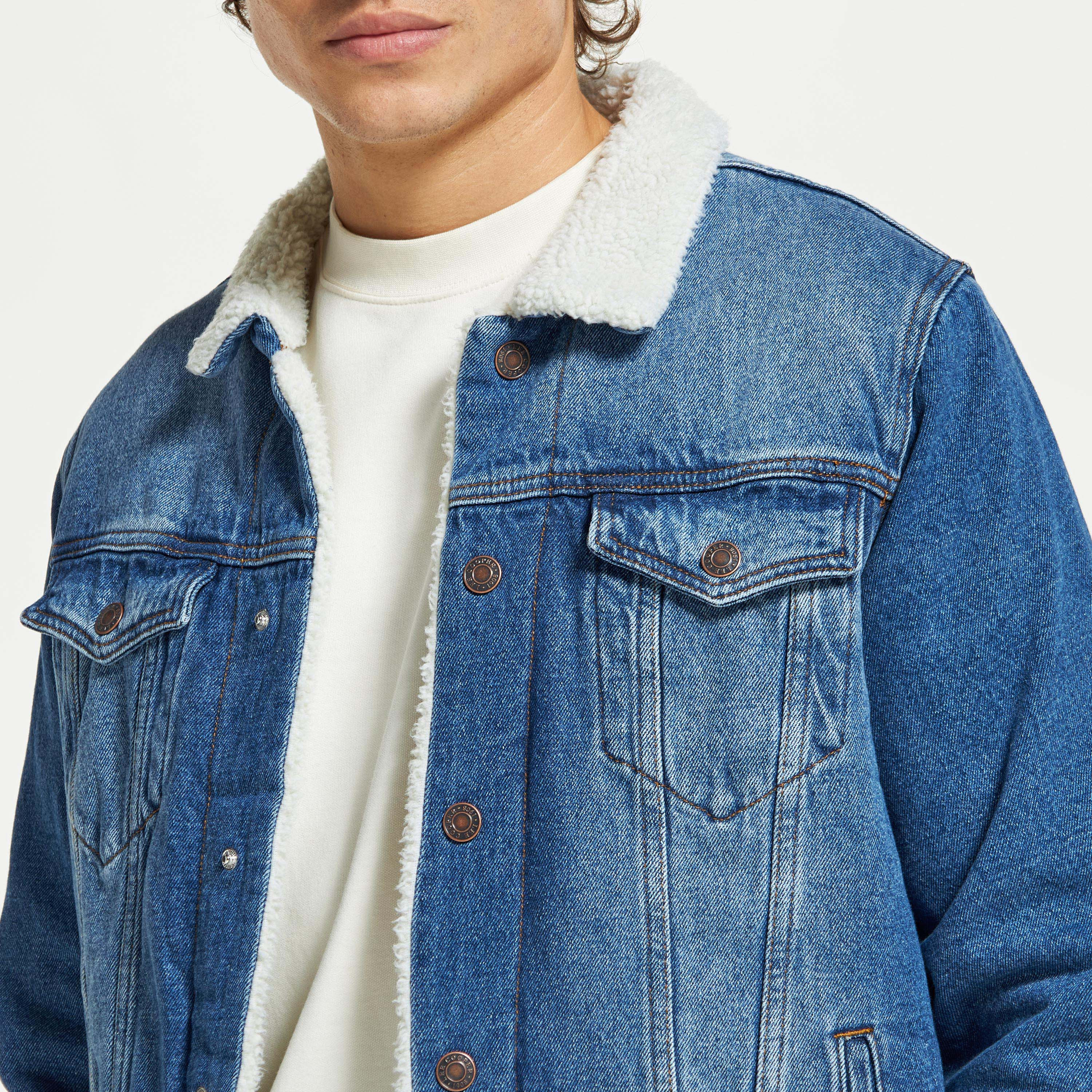 Denim jacket with on sale wool collar mens