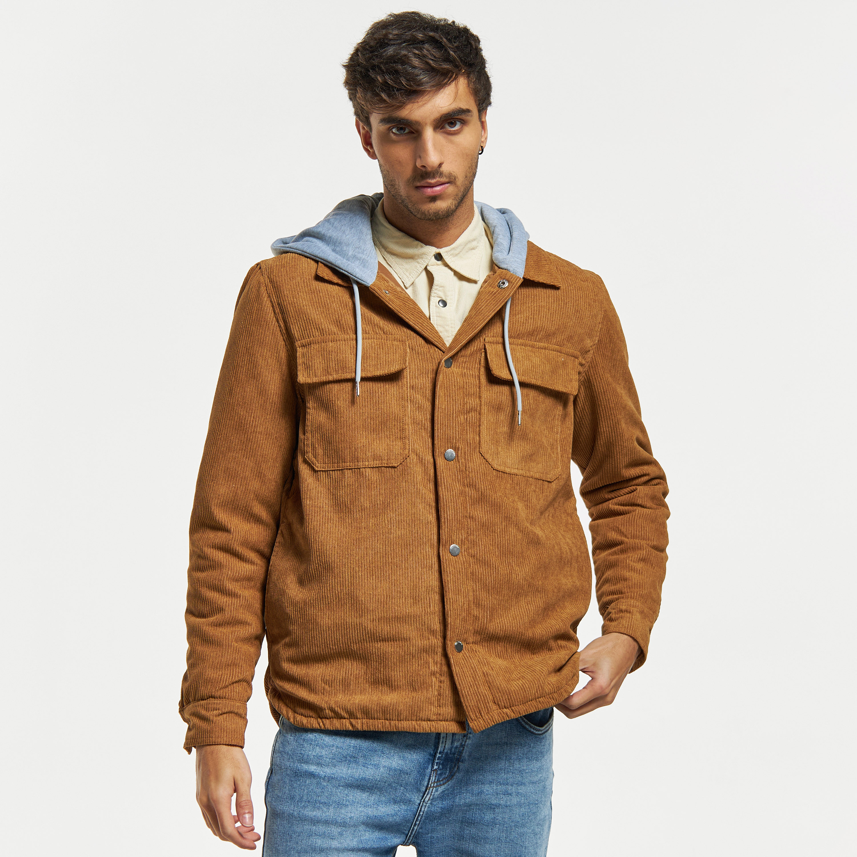 Lee Cooper Corduroy Button Up Jacket with Flap Pockets and Hood