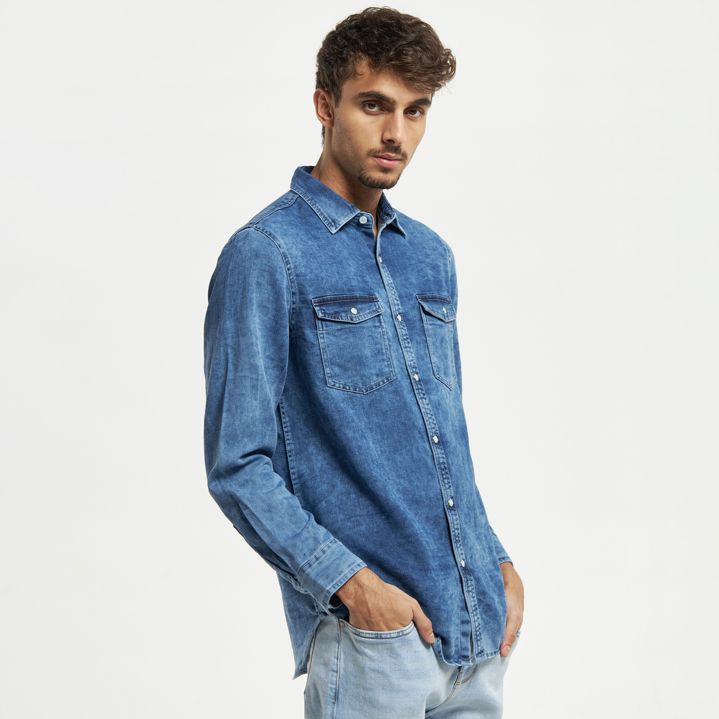 Blue denim hot sale dress shirt mens