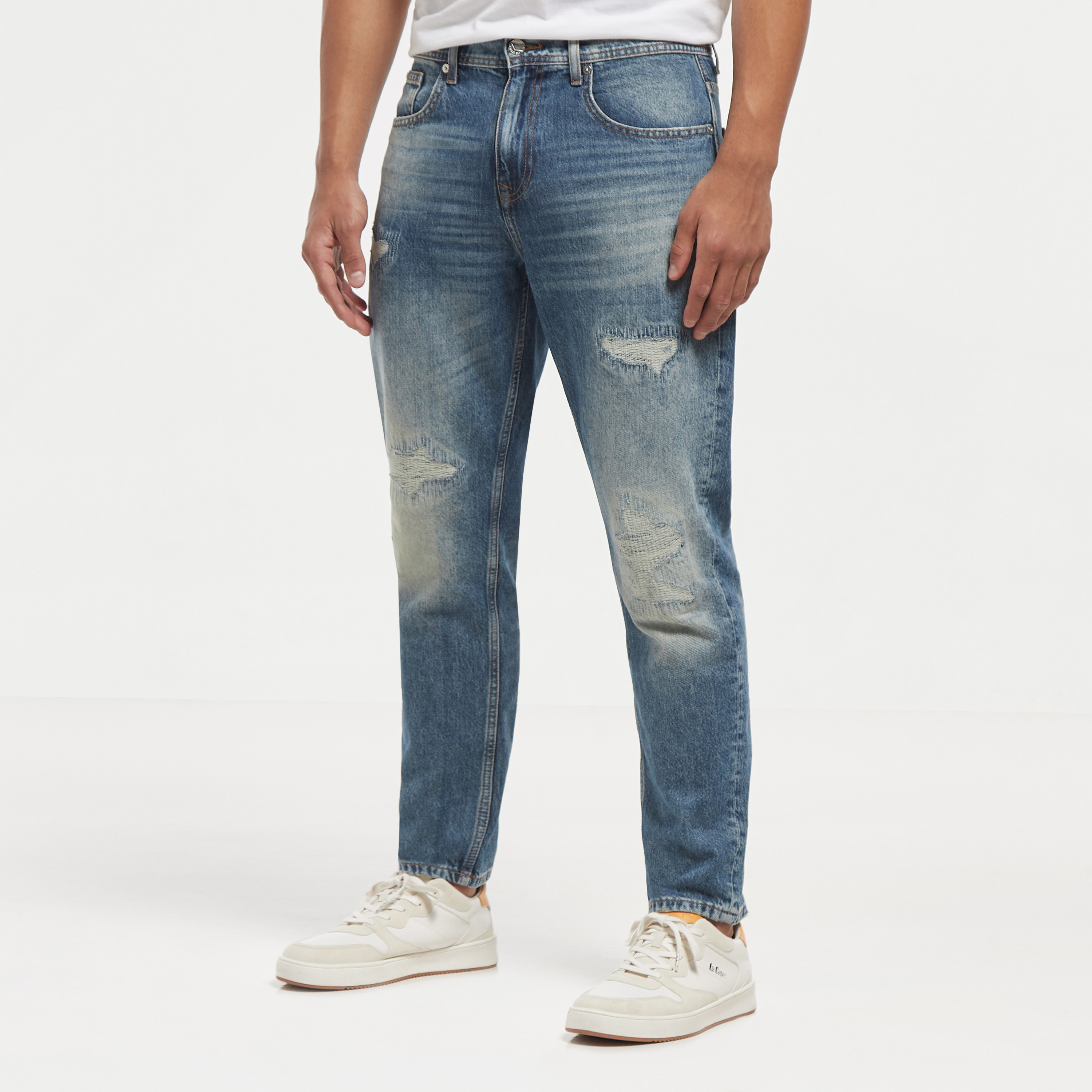 Buy Lee Cooper Slim Fit Distressed Tapered Jeans with Button