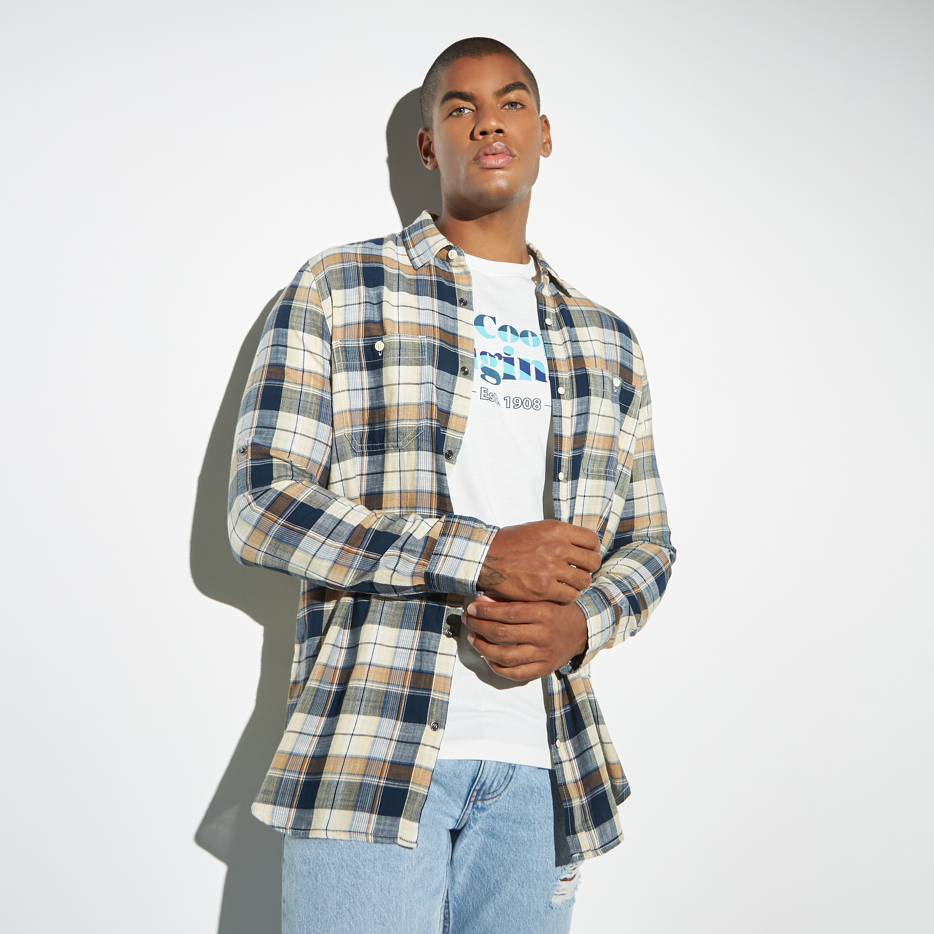 قميص كاروهات بأكمام طويلة وجيوب من لي كوبر-men-clothing-shirts-image-1