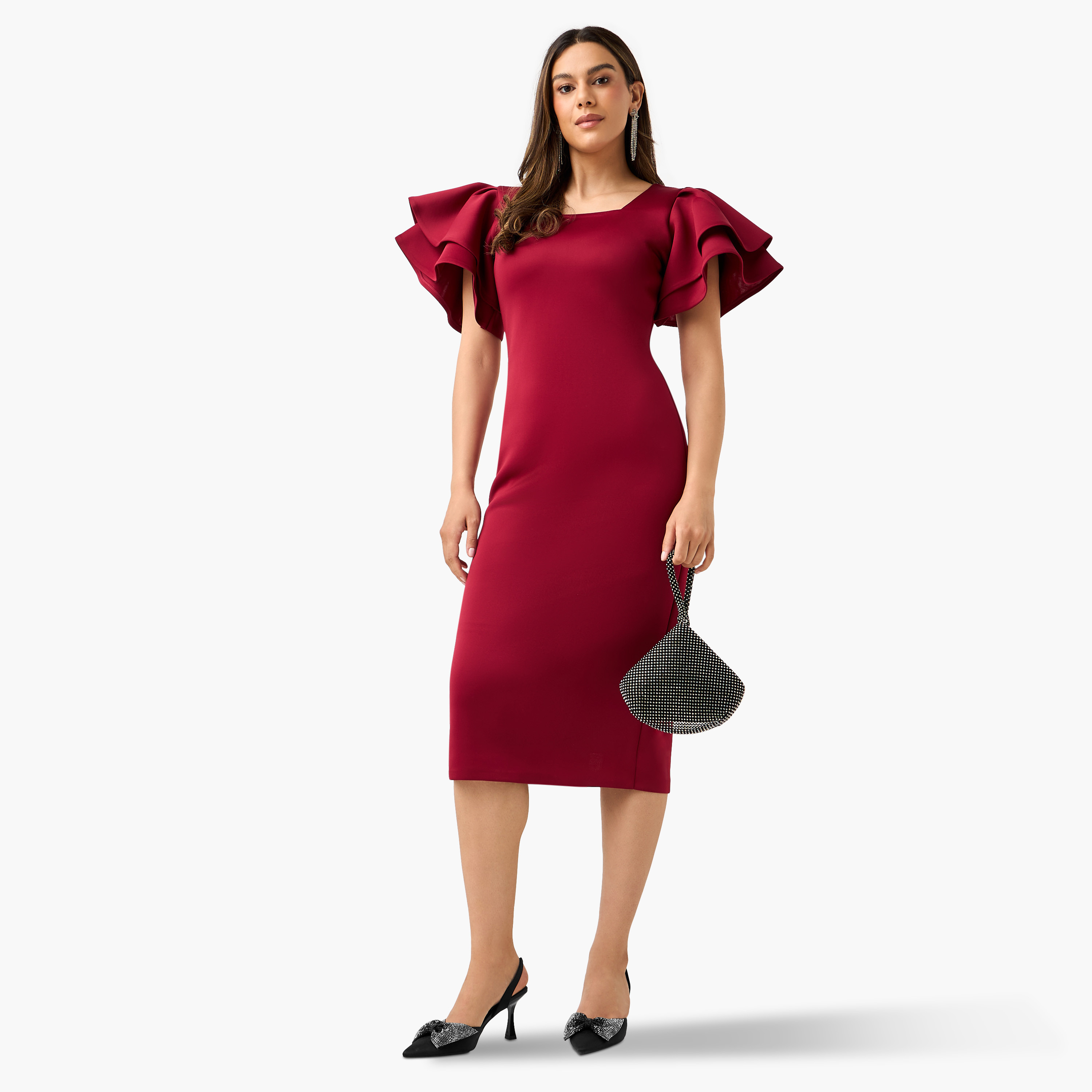 فستان ضيق سادة بأكمام كشكش وسحاب إغلاق من جولدن أبل-women-clothing-dresses-image-6
