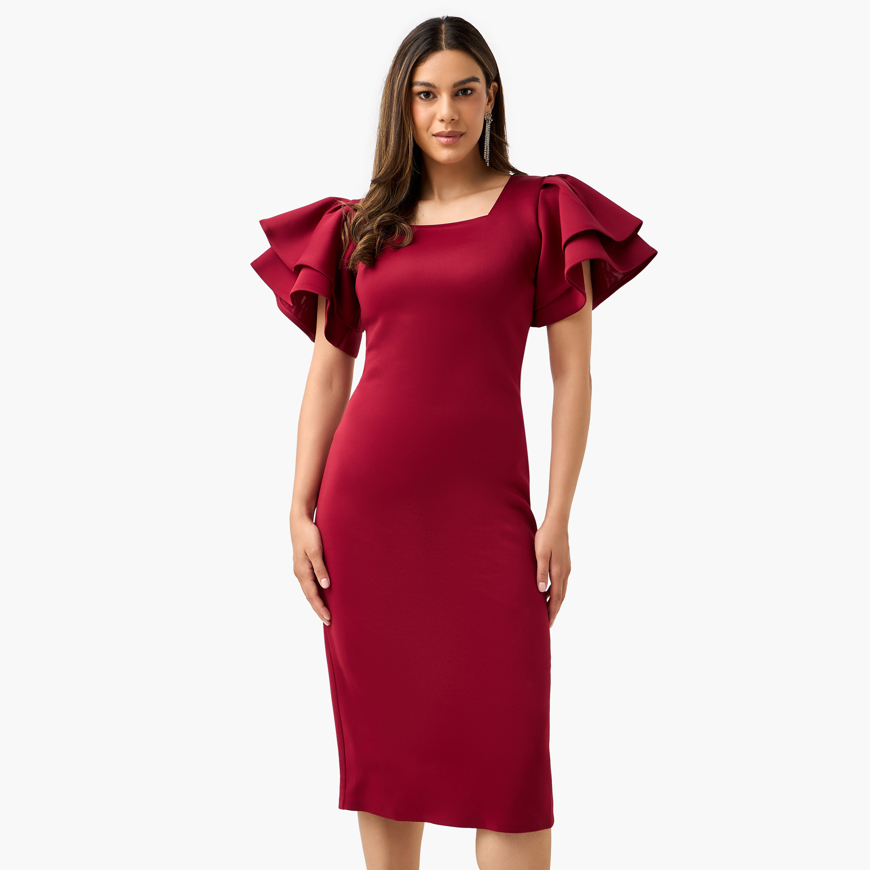 فستان ضيق سادة بأكمام كشكش وسحاب إغلاق من جولدن أبل-women-clothing-dresses-image-7