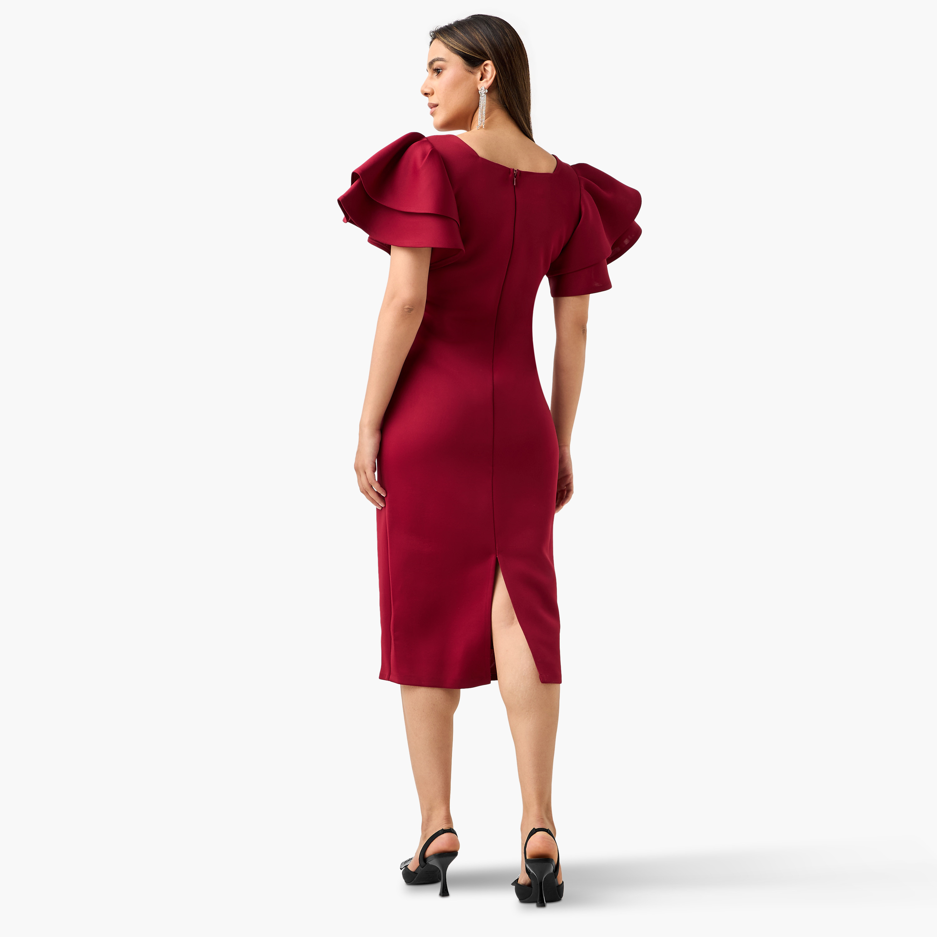 فستان ضيق سادة بأكمام كشكش وسحاب إغلاق من جولدن أبل-women-clothing-dresses-image-8