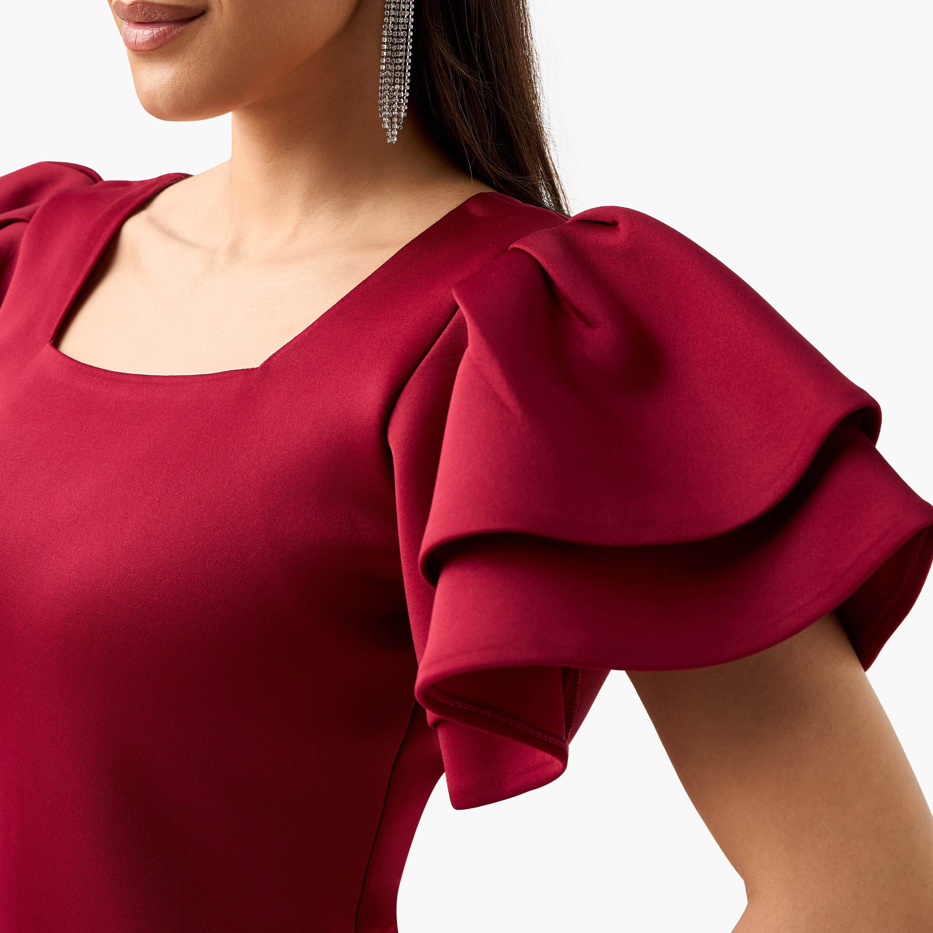 فستان ضيق سادة بأكمام كشكش وسحاب إغلاق من جولدن أبل-women-clothing-dresses-image-9