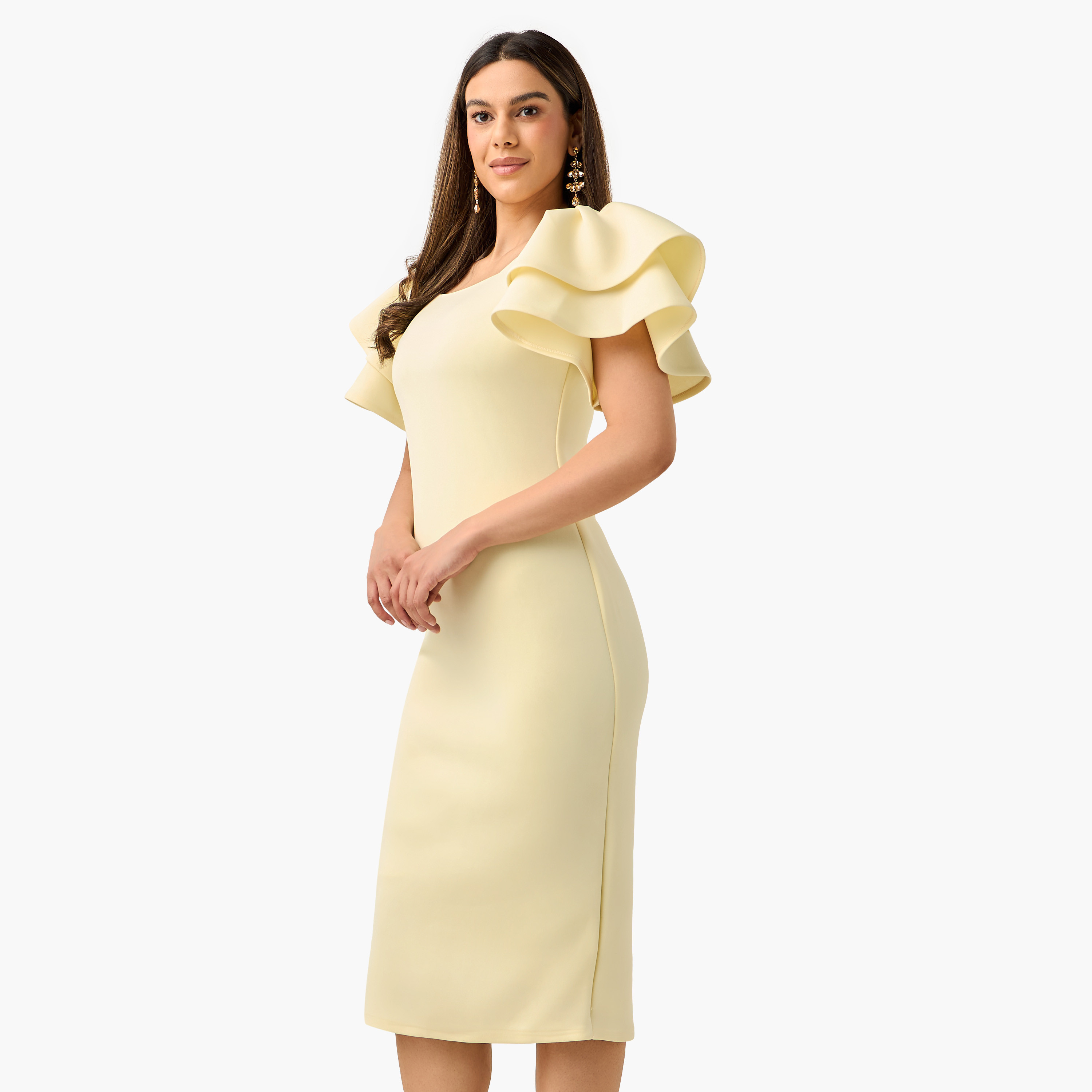 فستان ضيق سادة بأكمام كشكش وسحاب إغلاق من جولدن أبل-women-clothing-dresses-image-2