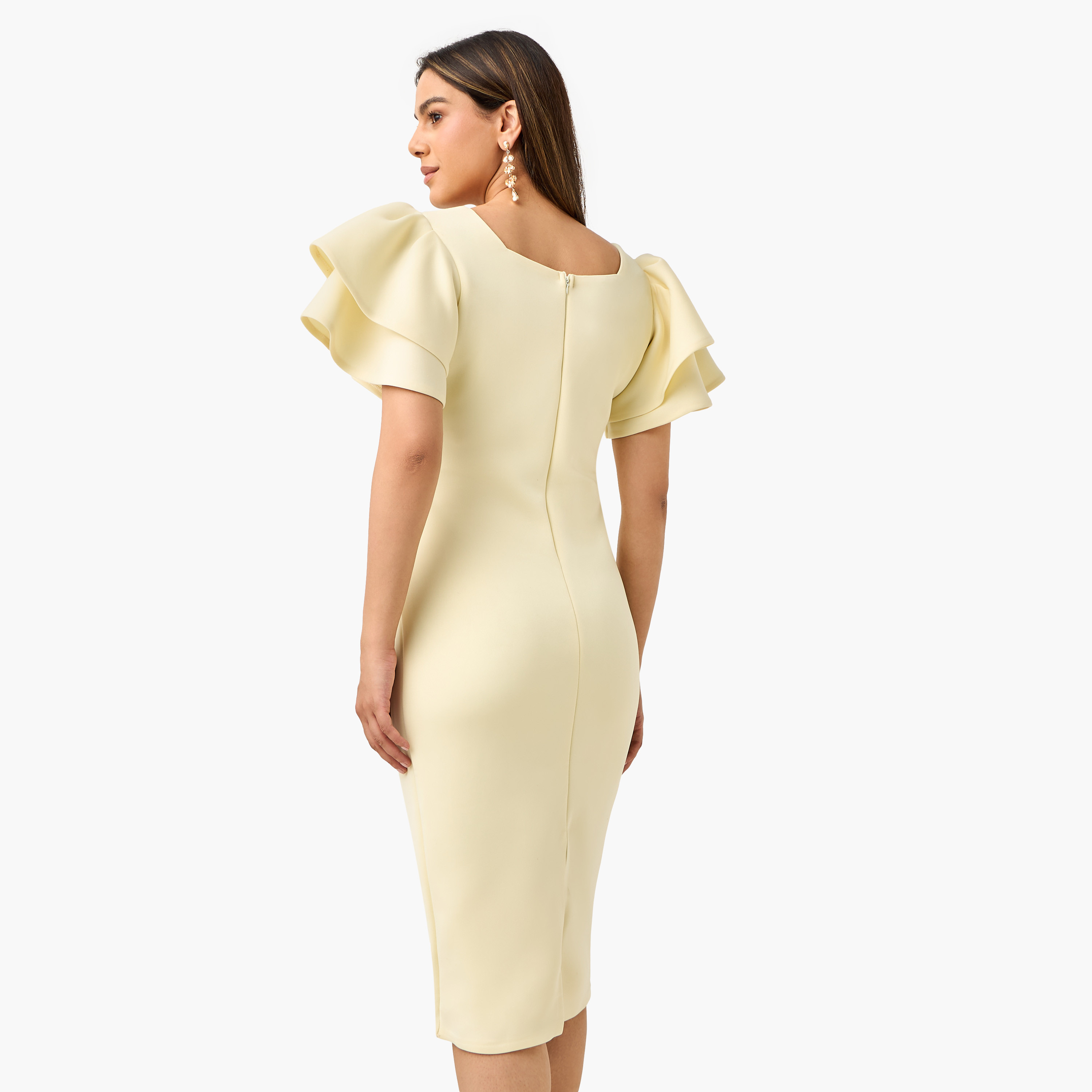 Golden Apple Solid Bodycon Dress with Ruffled Sleeves and Zip Closure-women-clothing-dresses-image-3