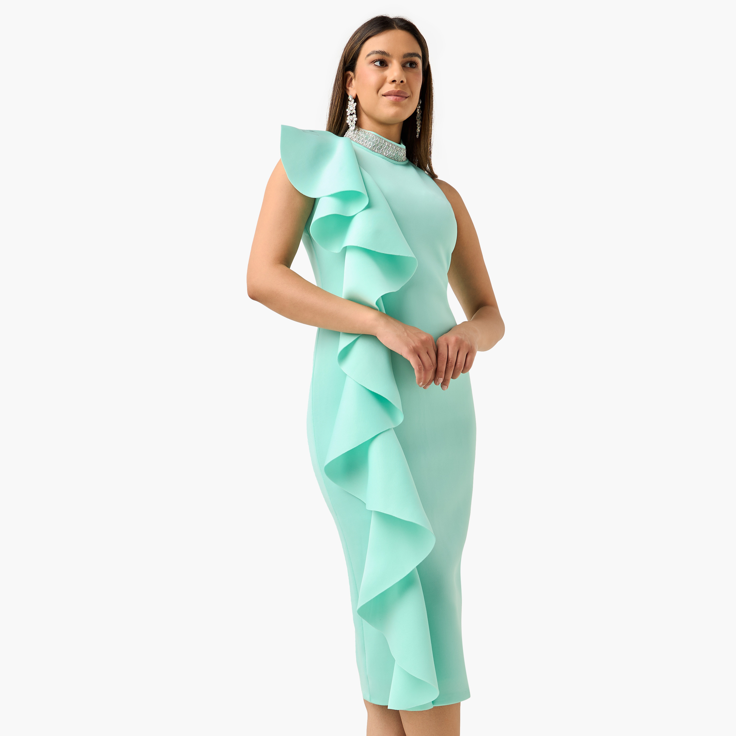 فستان ضيق بياقة عالية ودون أكمام مع لوح كشكش وتزيينات من جولدن أبل-women-clothing-dresses-image-1