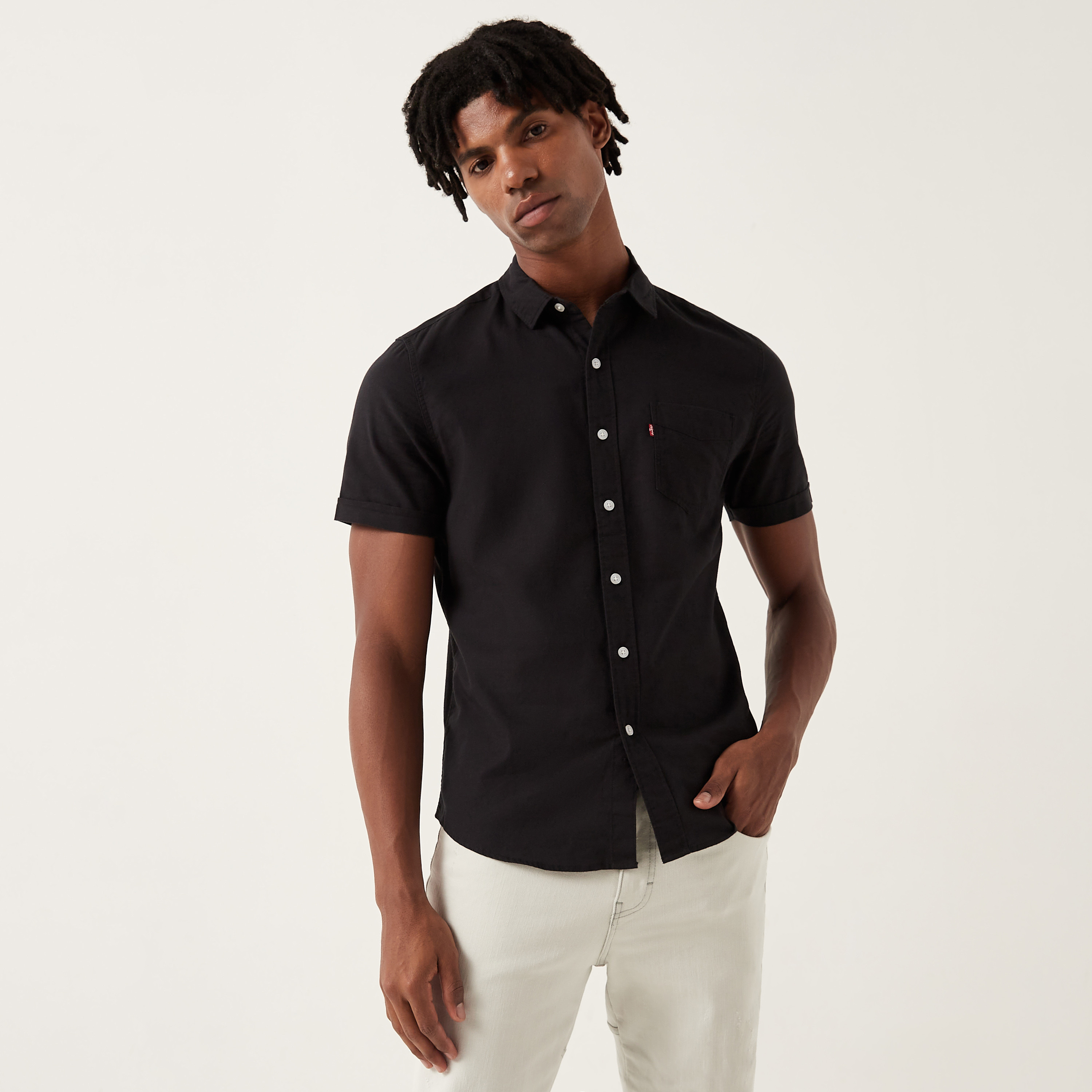 Levi's Solid Button Up Shirt with Short Sleeves-men-clothing-shirts-image-1