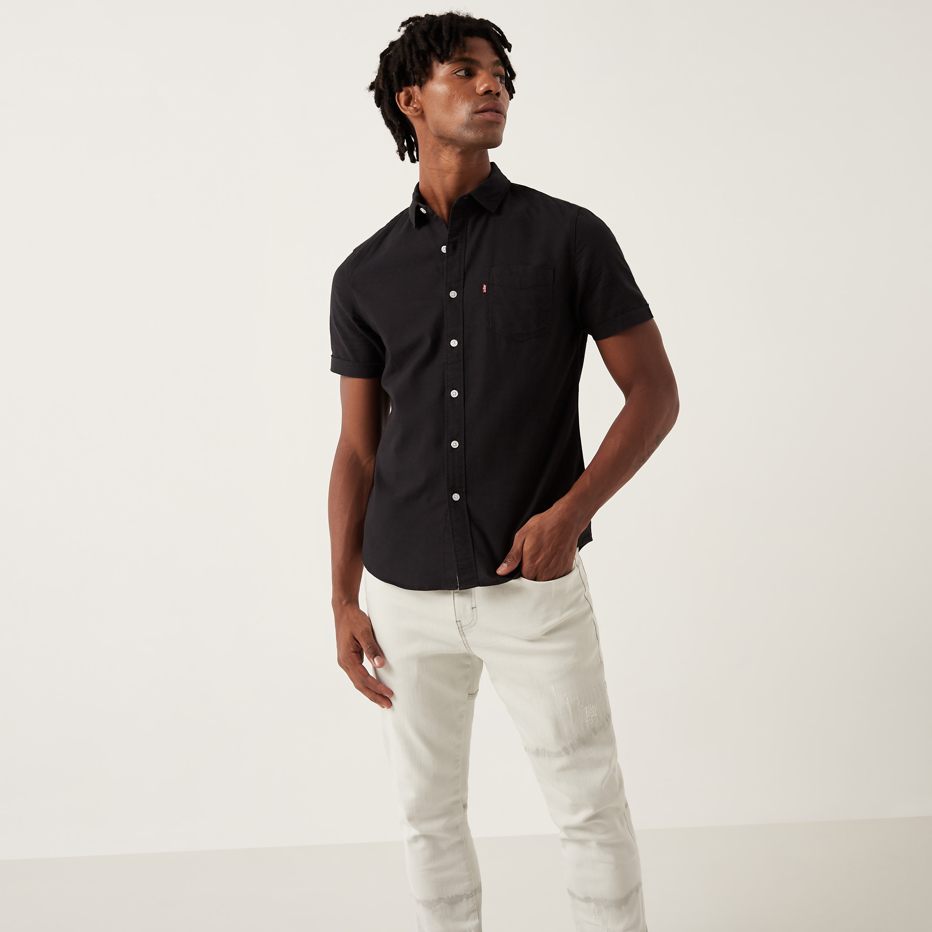 Levi's Solid Button Up Shirt with Short Sleeves-men-clothing-shirts-image-2