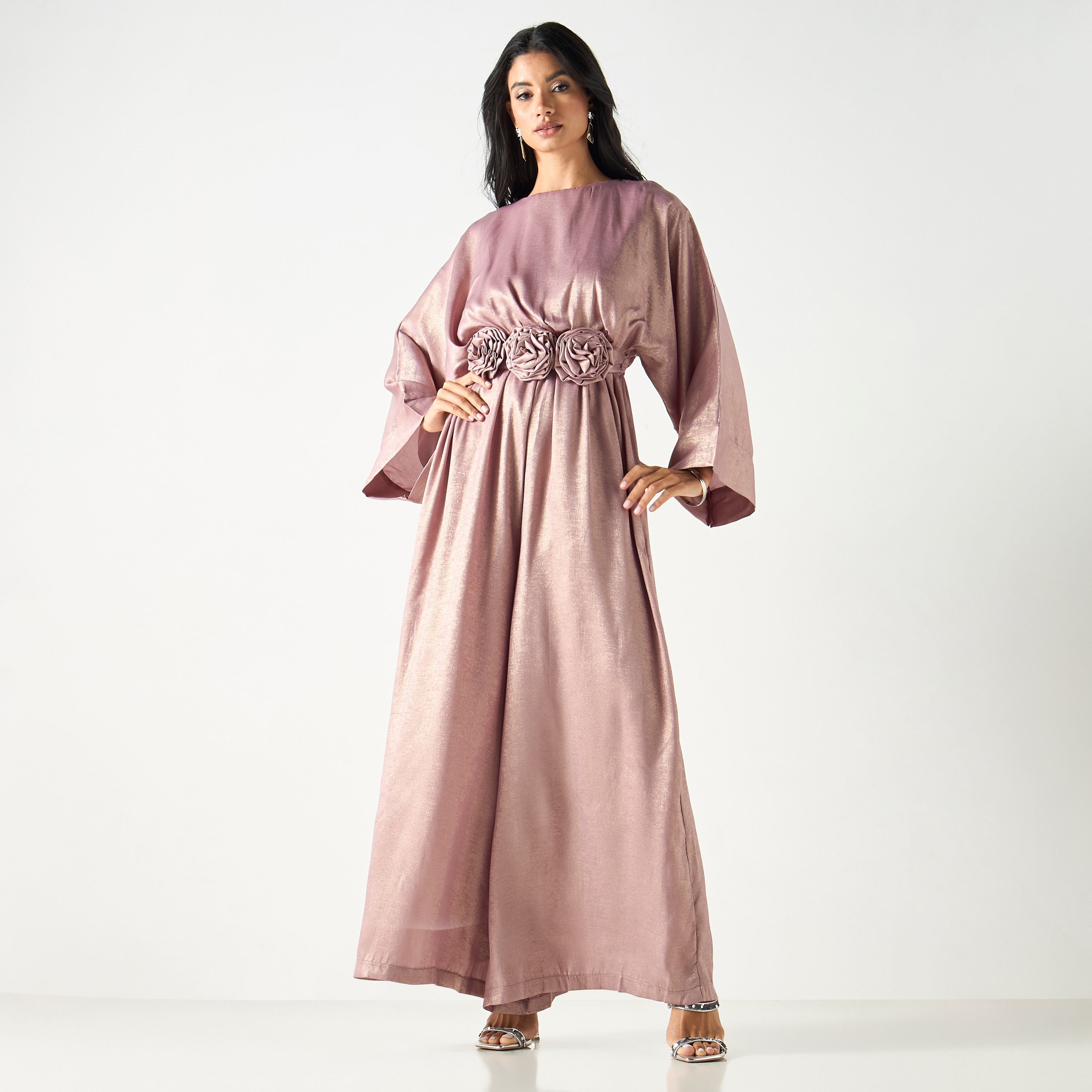 جمبسوت سادة بأرجل واسعة وأكمام طويلة وحزام رباط-women-clothing-jumpsuits-image-1