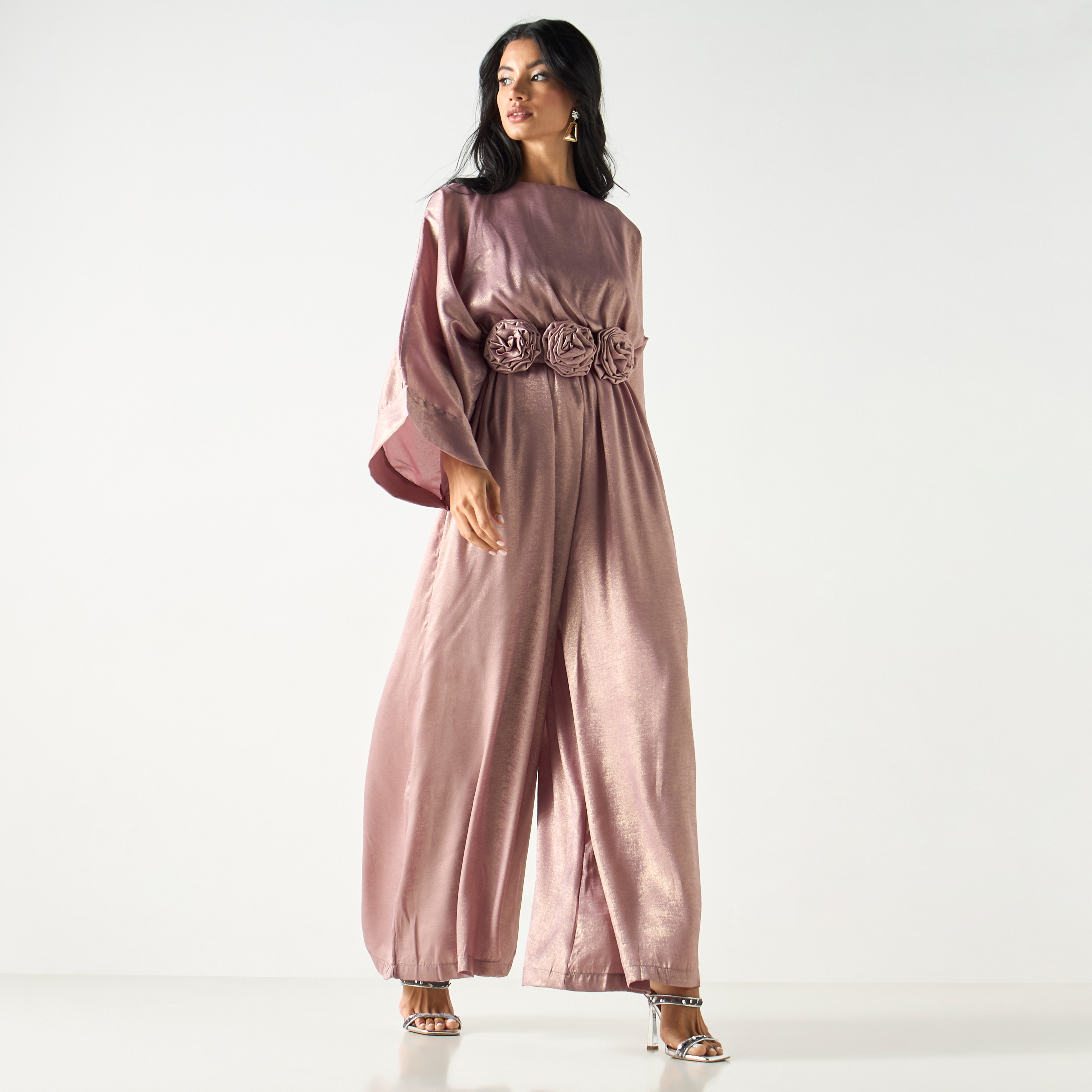 جمبسوت سادة بأرجل واسعة وأكمام طويلة وحزام رباط-women-clothing-jumpsuits-image-2