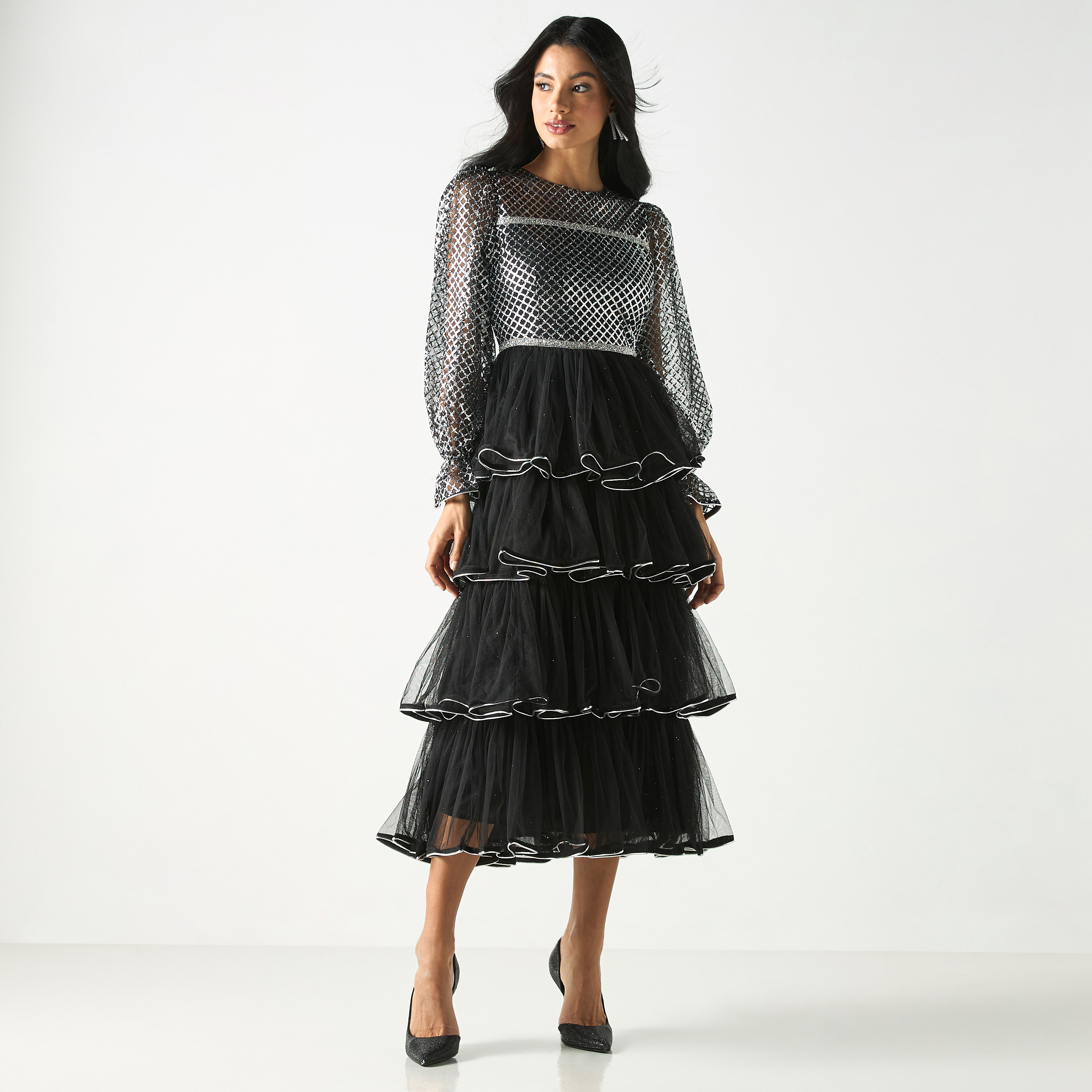Mesh and Ruffle Midi Dress with Zip Closure-women-clothing-dresses-image-1