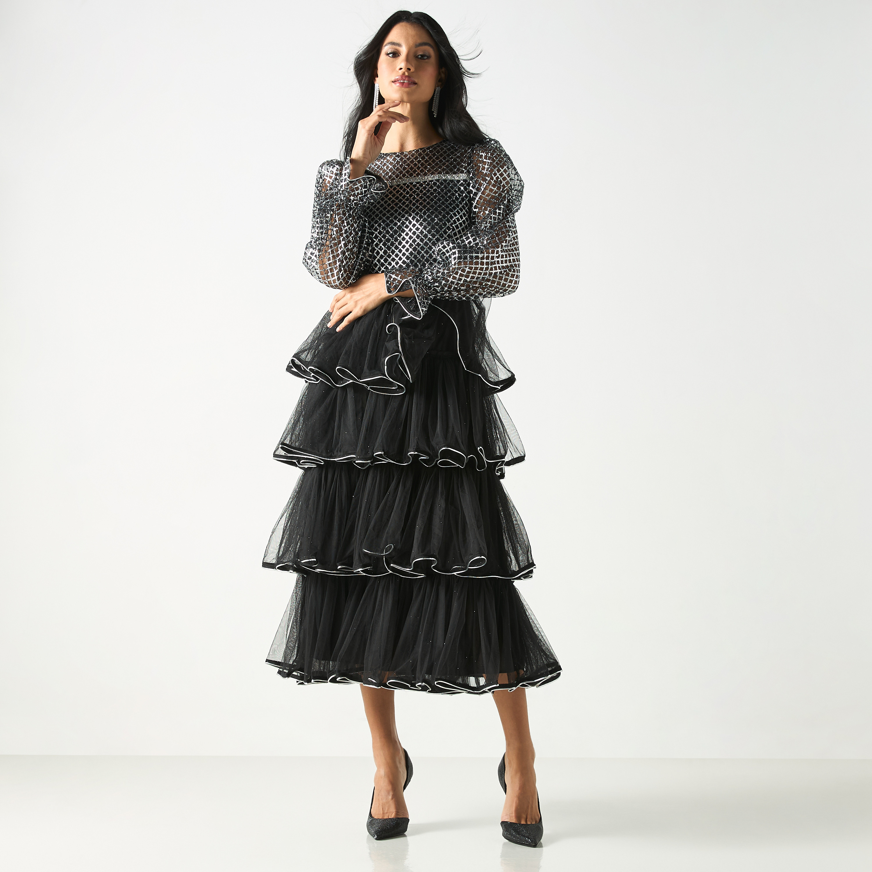 Mesh and Ruffle Midi Dress with Zip Closure-women-clothing-dresses-image-2