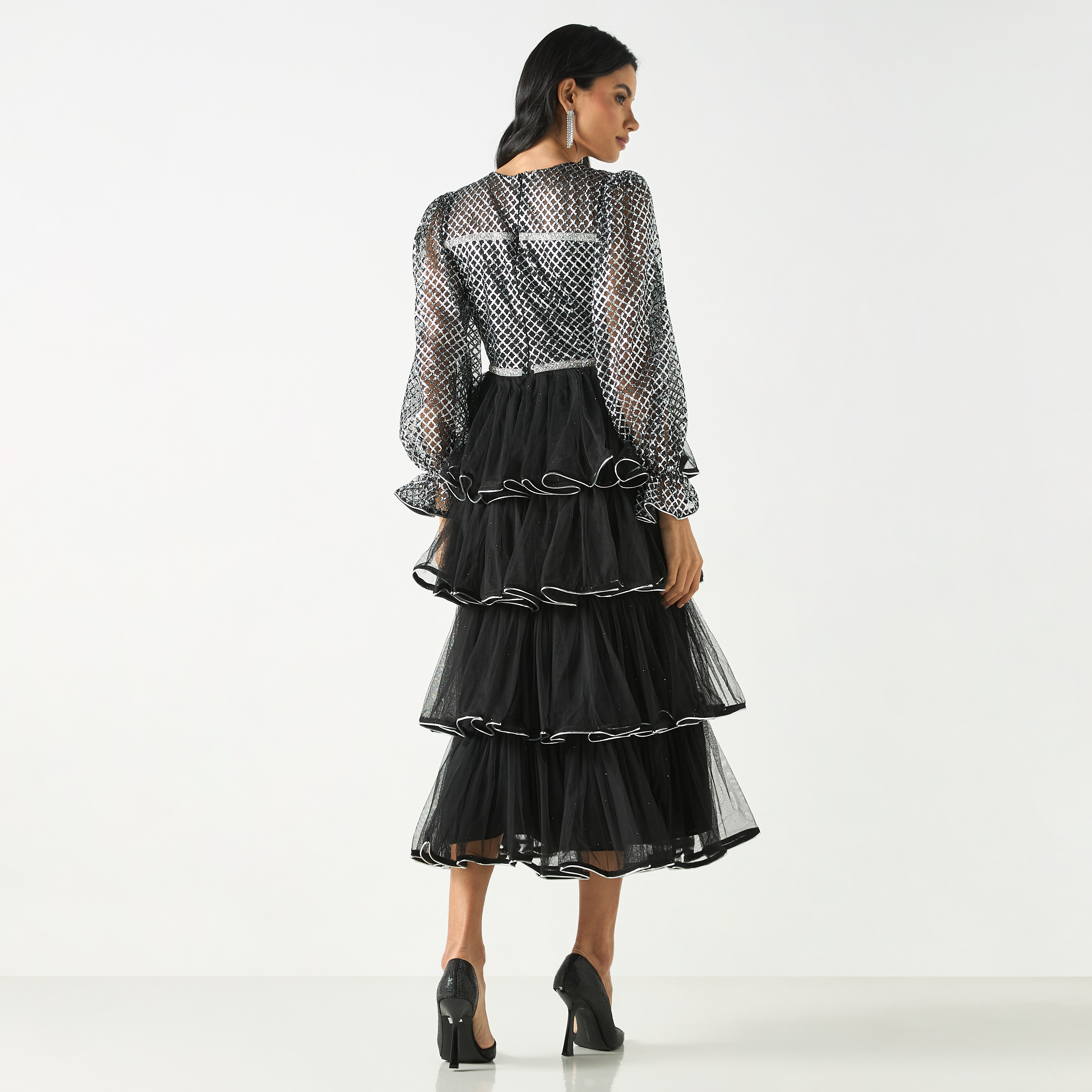 Mesh and Ruffle Midi Dress with Zip Closure-women-clothing-dresses-image-3