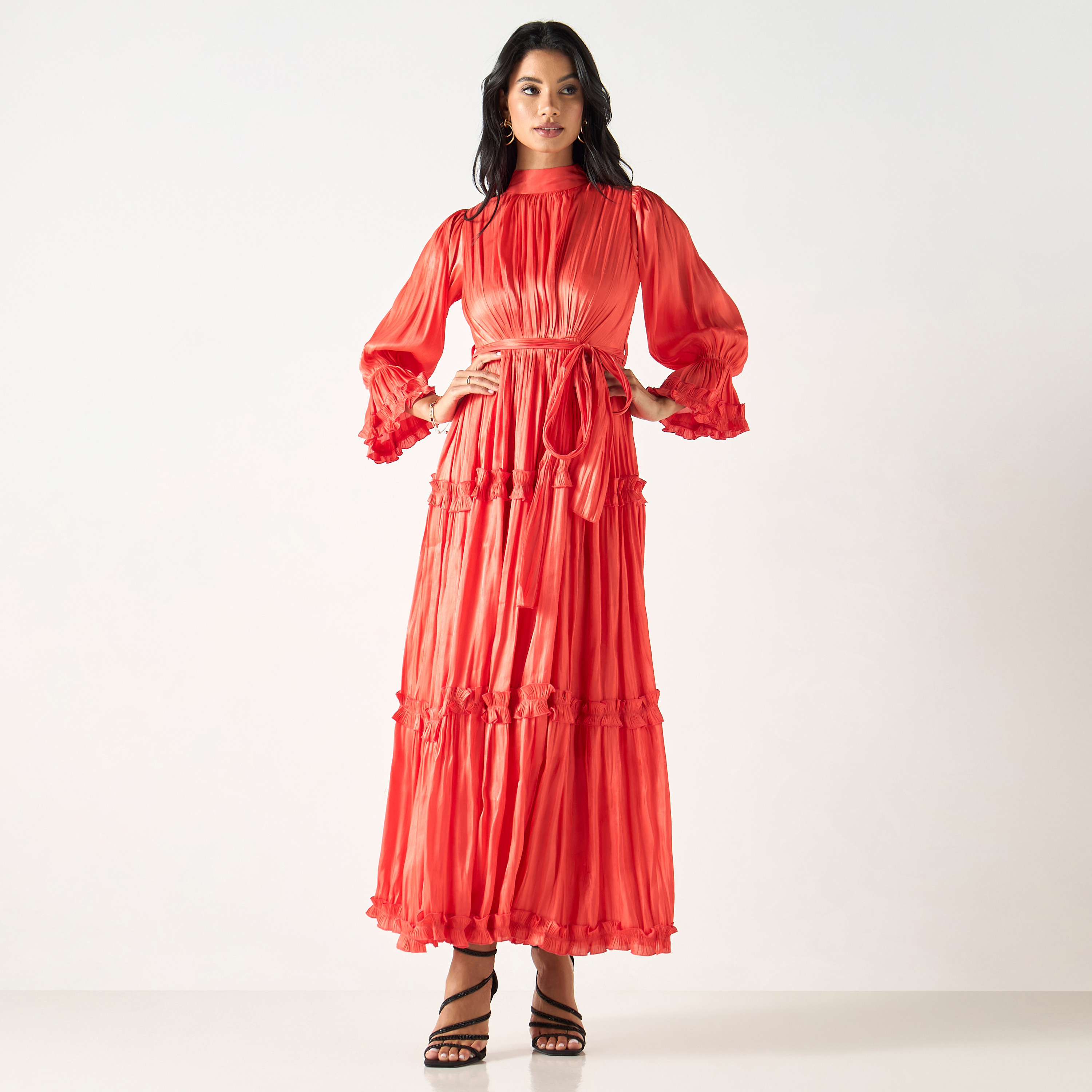 Tiered Shimmer Maxi Dress with Tie-Up Belt-women-clothing-dresses-image-1