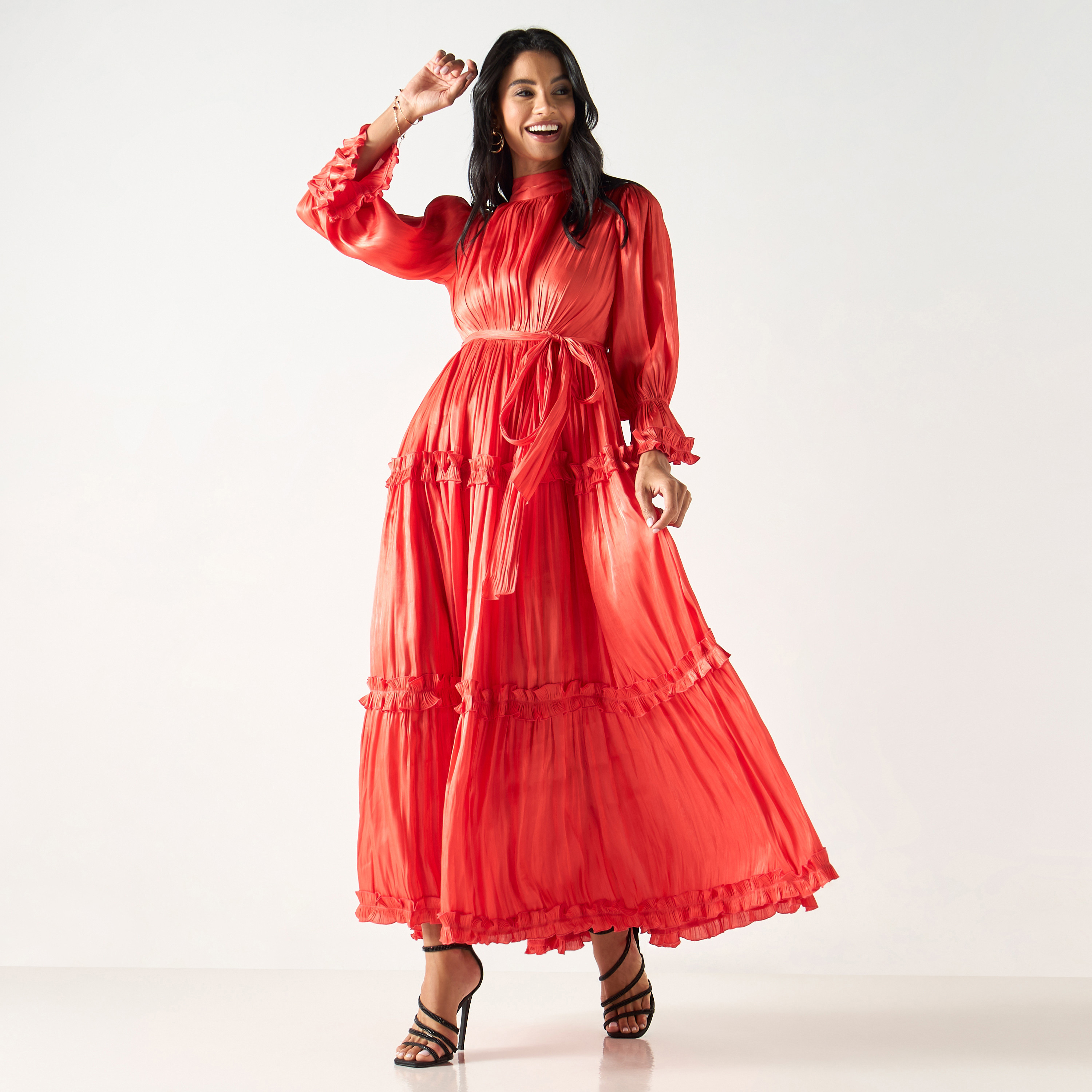 فستان طويل متعدد الطبقات لامع بحزام رباط-women-clothing-dresses-image-2