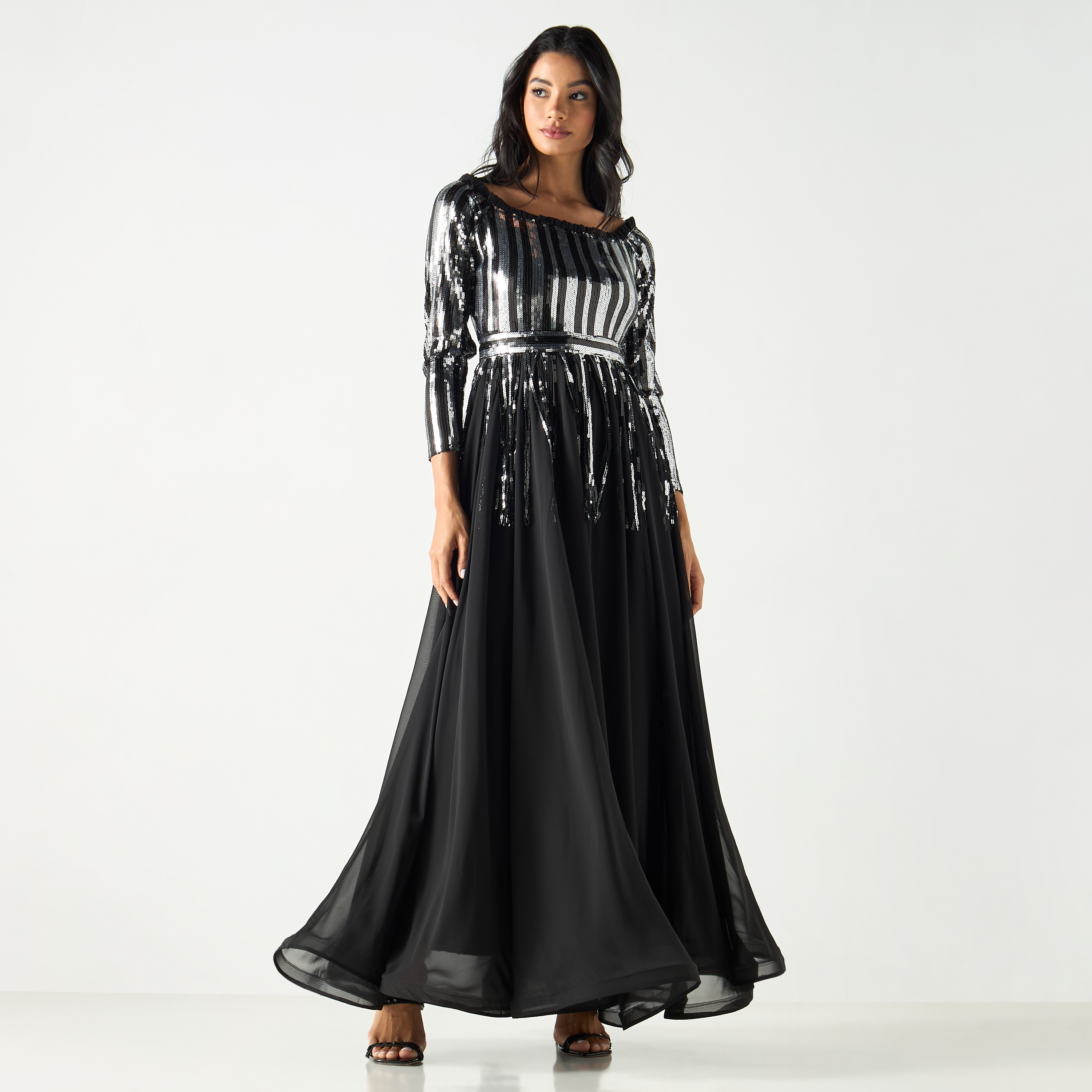 Embellished Boat Neck Maxi Dress with 3/4 Sleeves-women-clothing-dresses-image-5