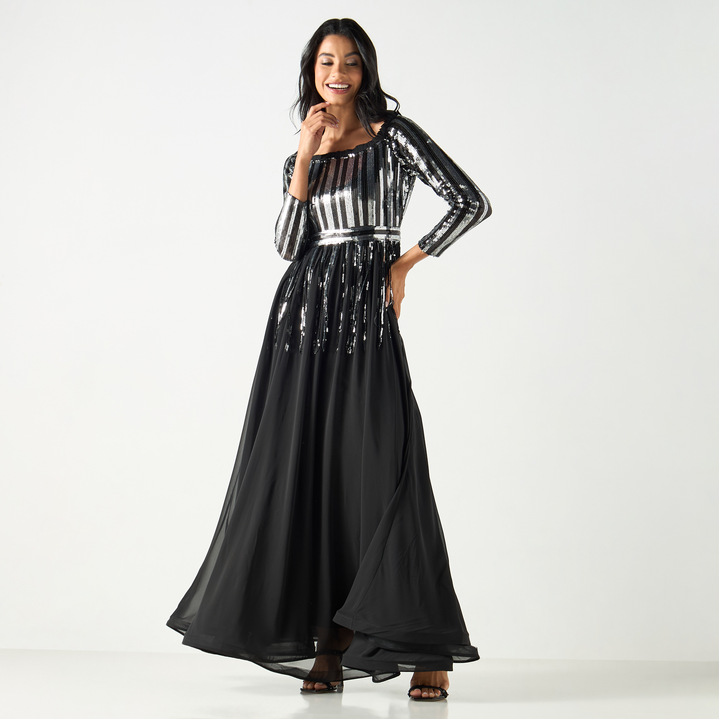 Embellished Boat Neck Maxi Dress with 3/4 Sleeves-women-clothing-dresses-image-6