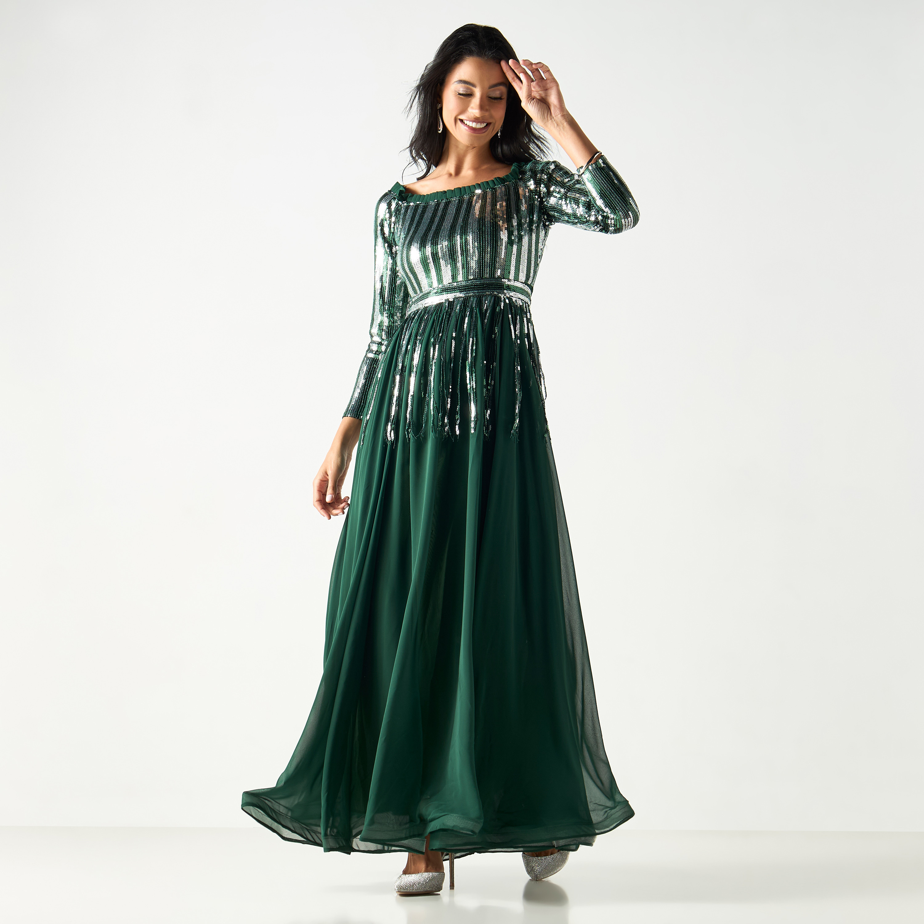 Embellished Boat Neck Maxi Dress with 3/4 Sleeves-women-clothing-dresses-image-2