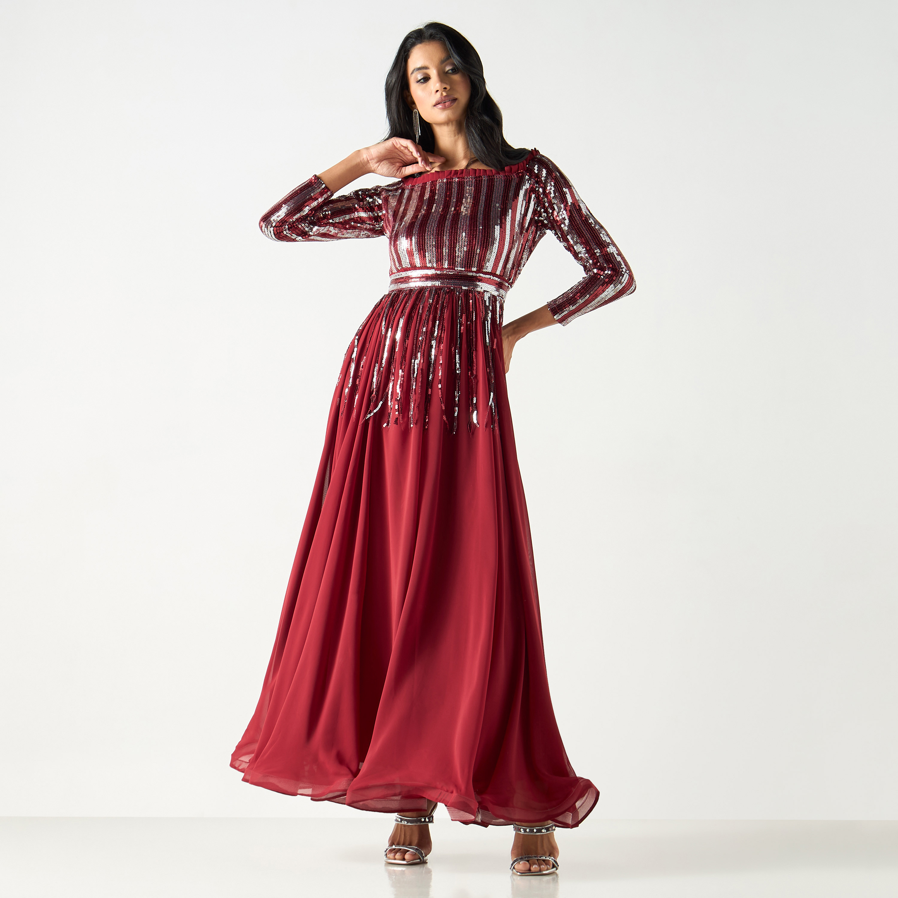 Embellished Boat Neck Maxi Dress with 3/4 Sleeves-women-clothing-dresses-image-1