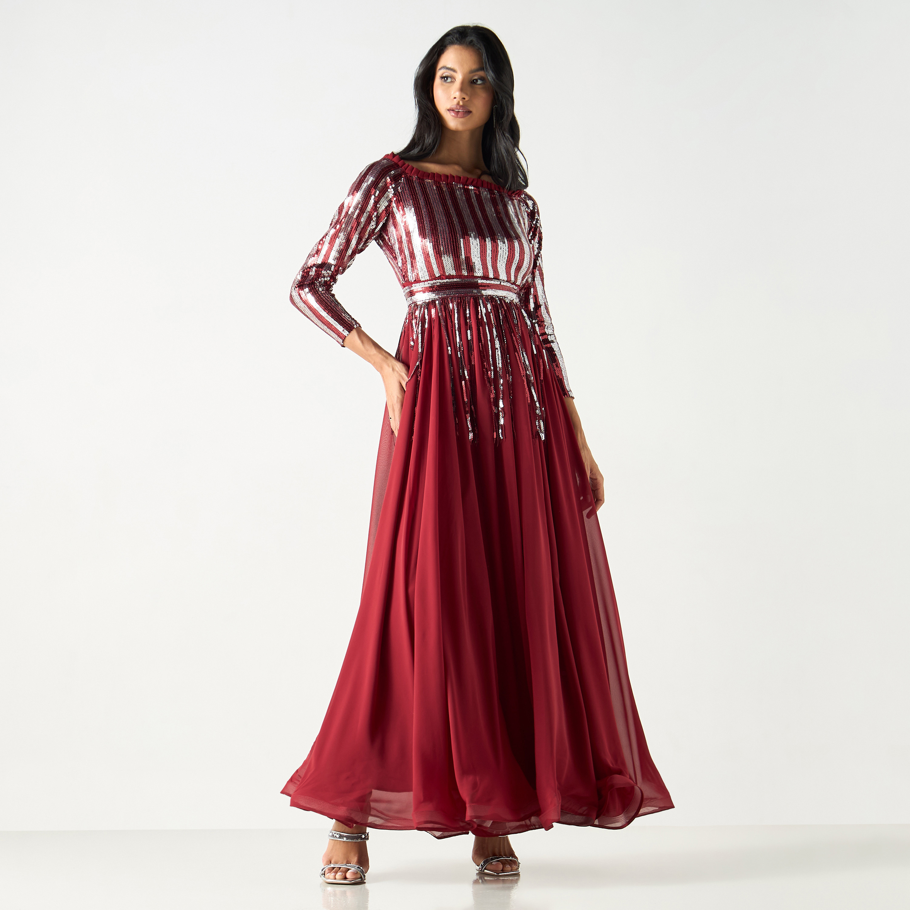 Embellished Boat Neck Maxi Dress with 3/4 Sleeves-women-clothing-dresses-image-2