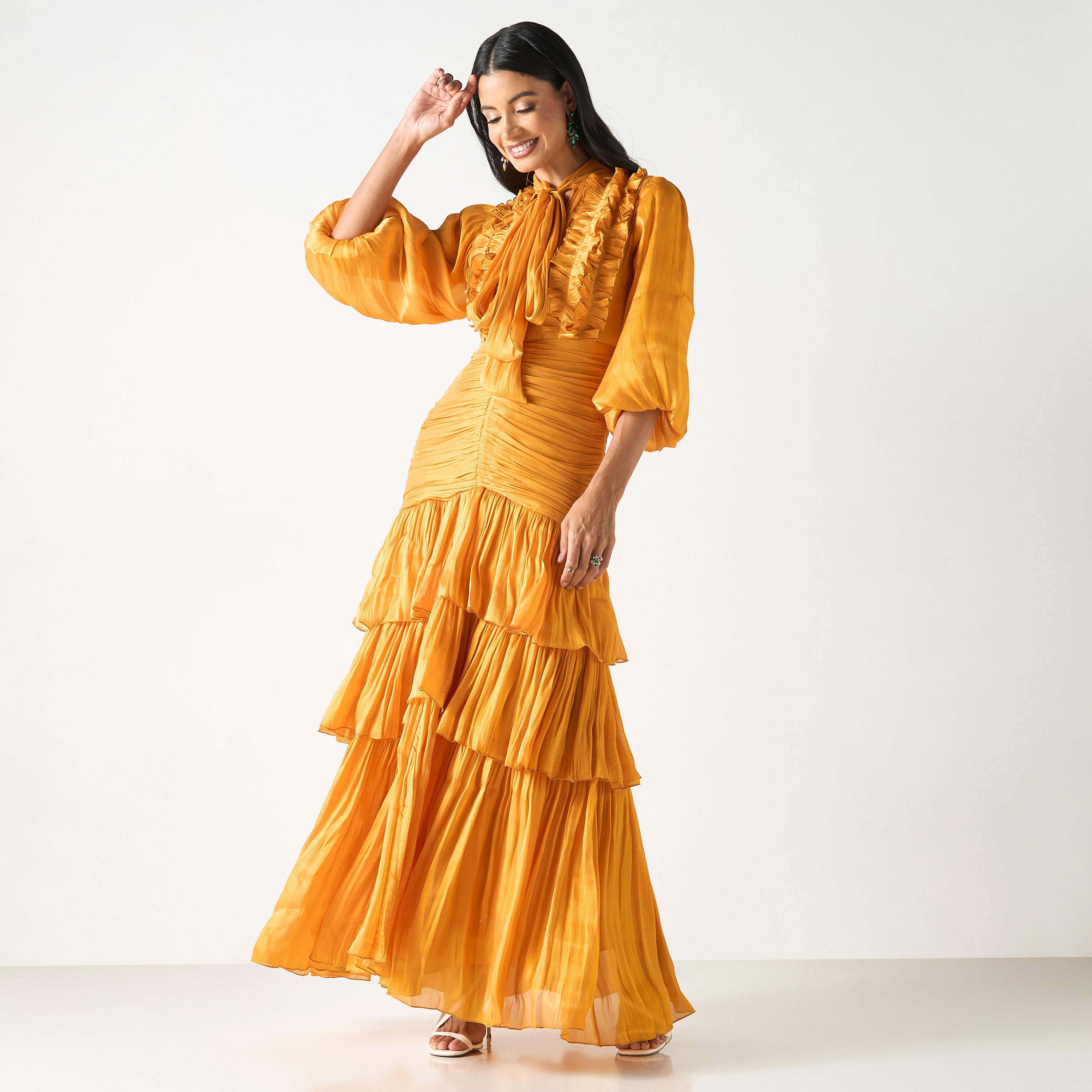 Solid Tiered Dress with Tie Up Neck and Ruffle Detail-women-clothing-dresses-image-1