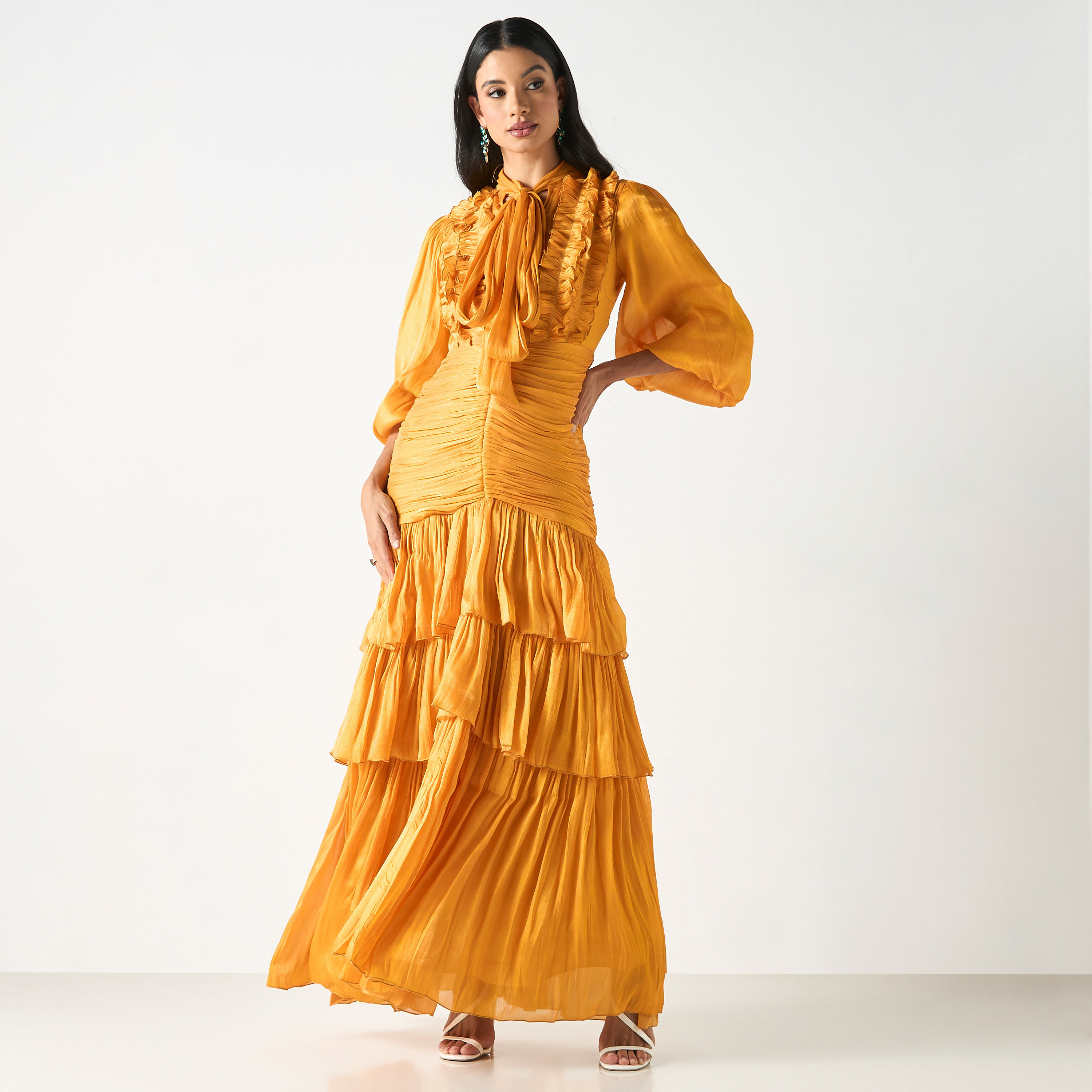 Solid Tiered Dress with Tie Up Neck and Ruffle Detail-women-clothing-dresses-image-2